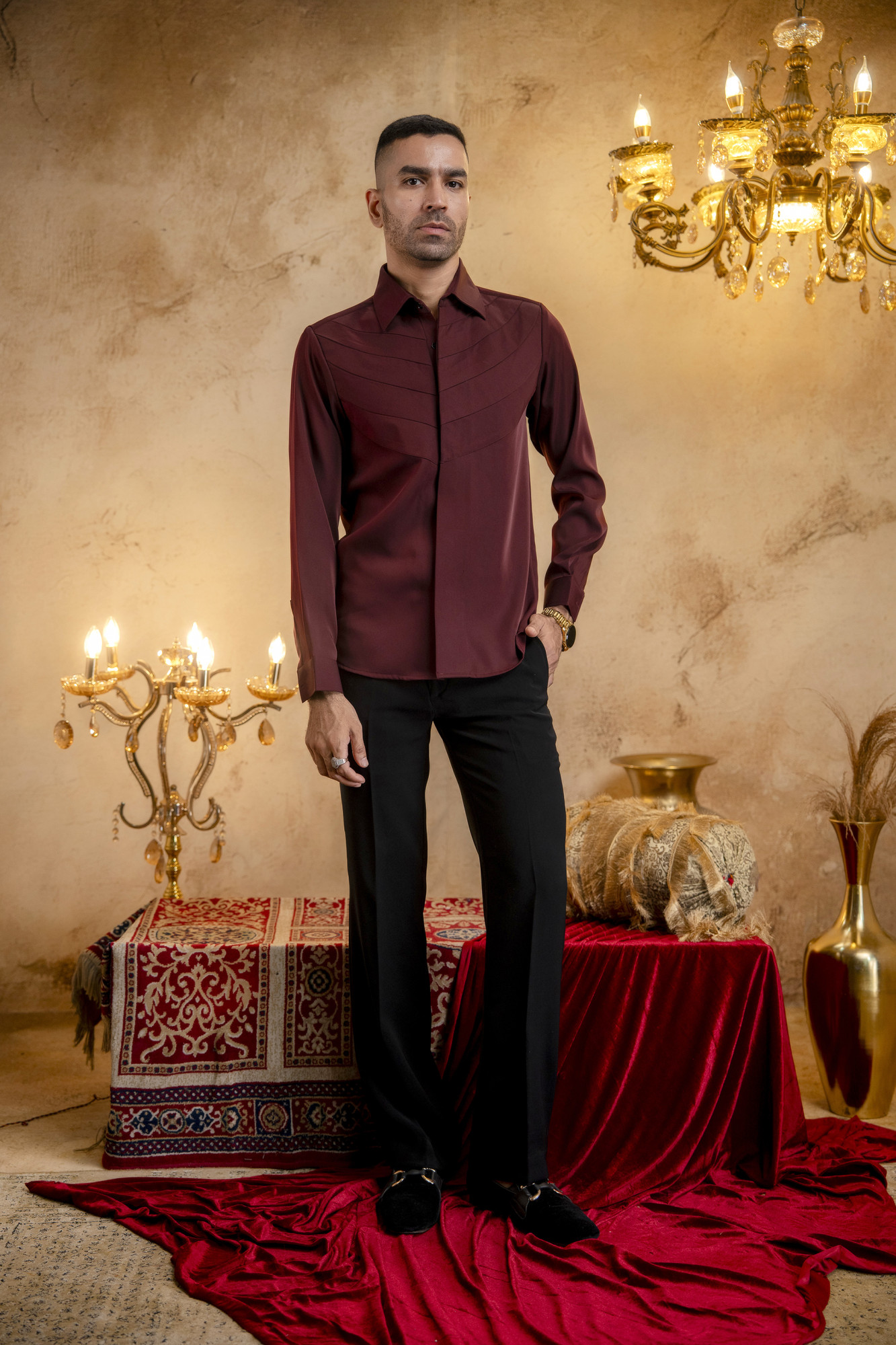 Layered Patch Shacket In Wine