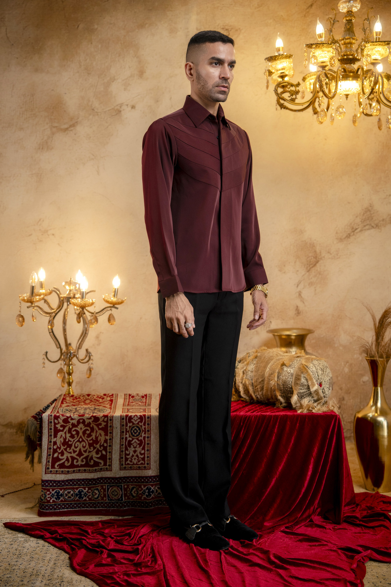 Layered Patch Shacket In Wine