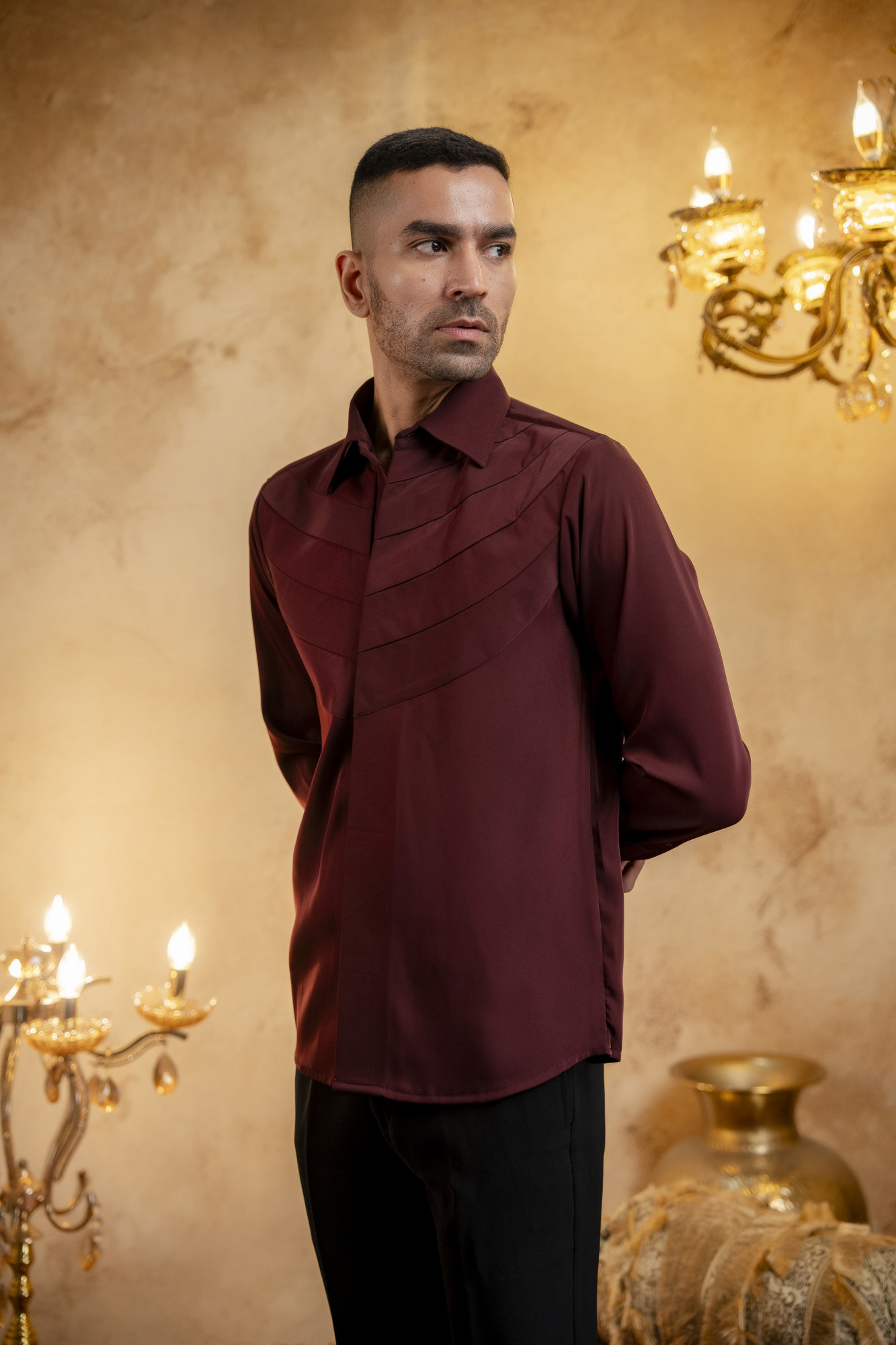 Layered Patch Shacket In Wine