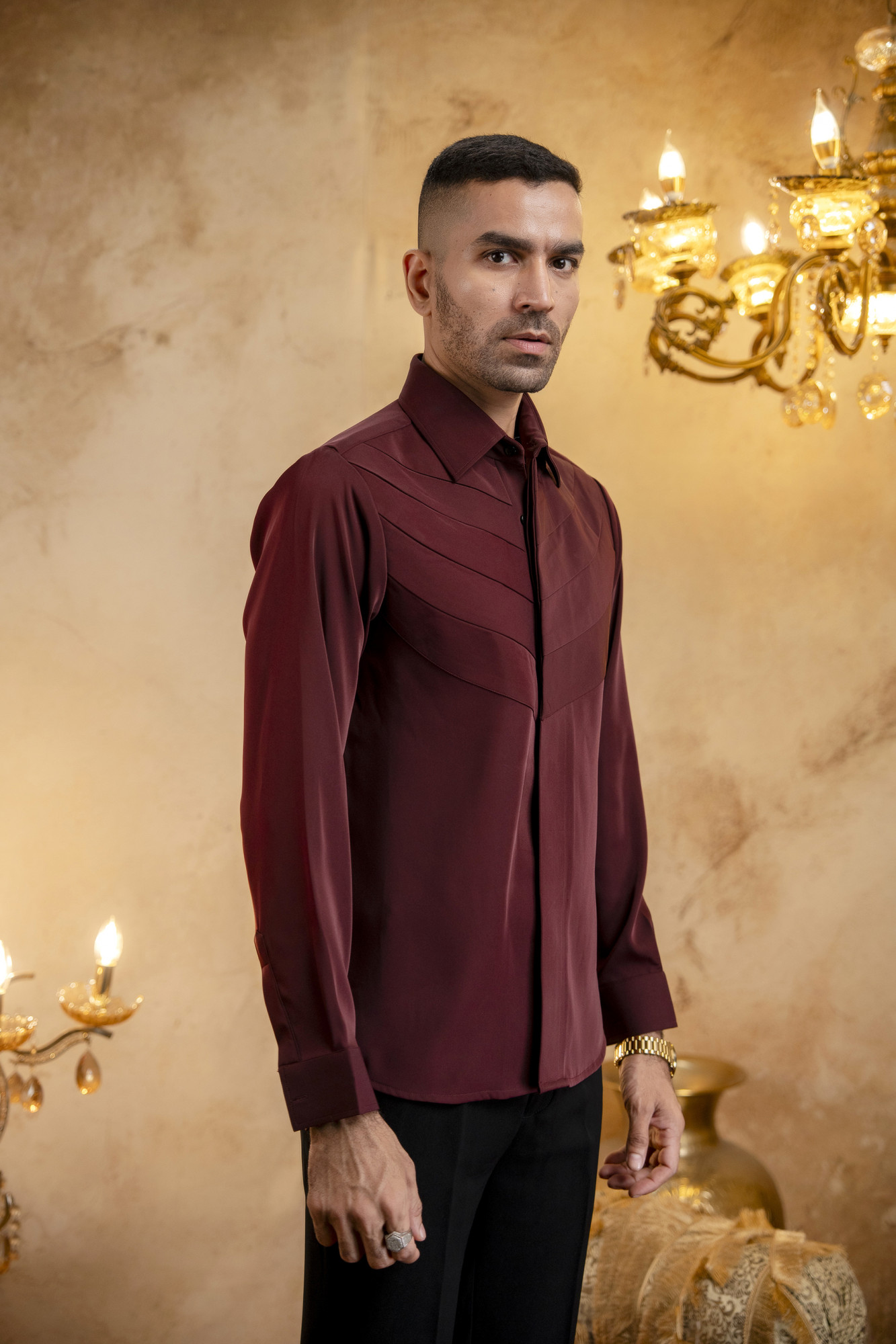 Layered Patch Shacket In Wine
