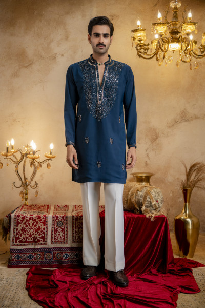 Cutdana Embroidered Kurta In Teal