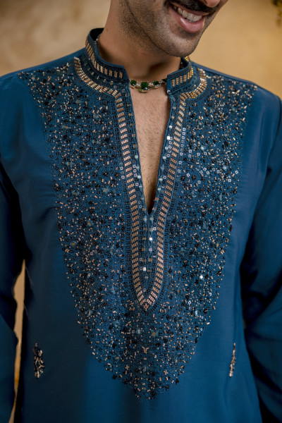 Cutdana Embroidered Kurta In Teal