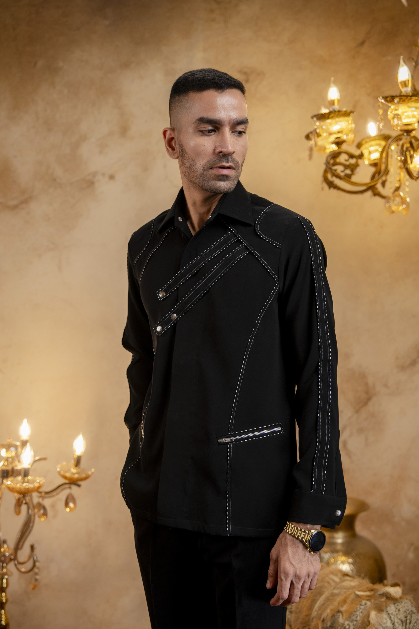 Threaded Patch Shacket In Zed Black