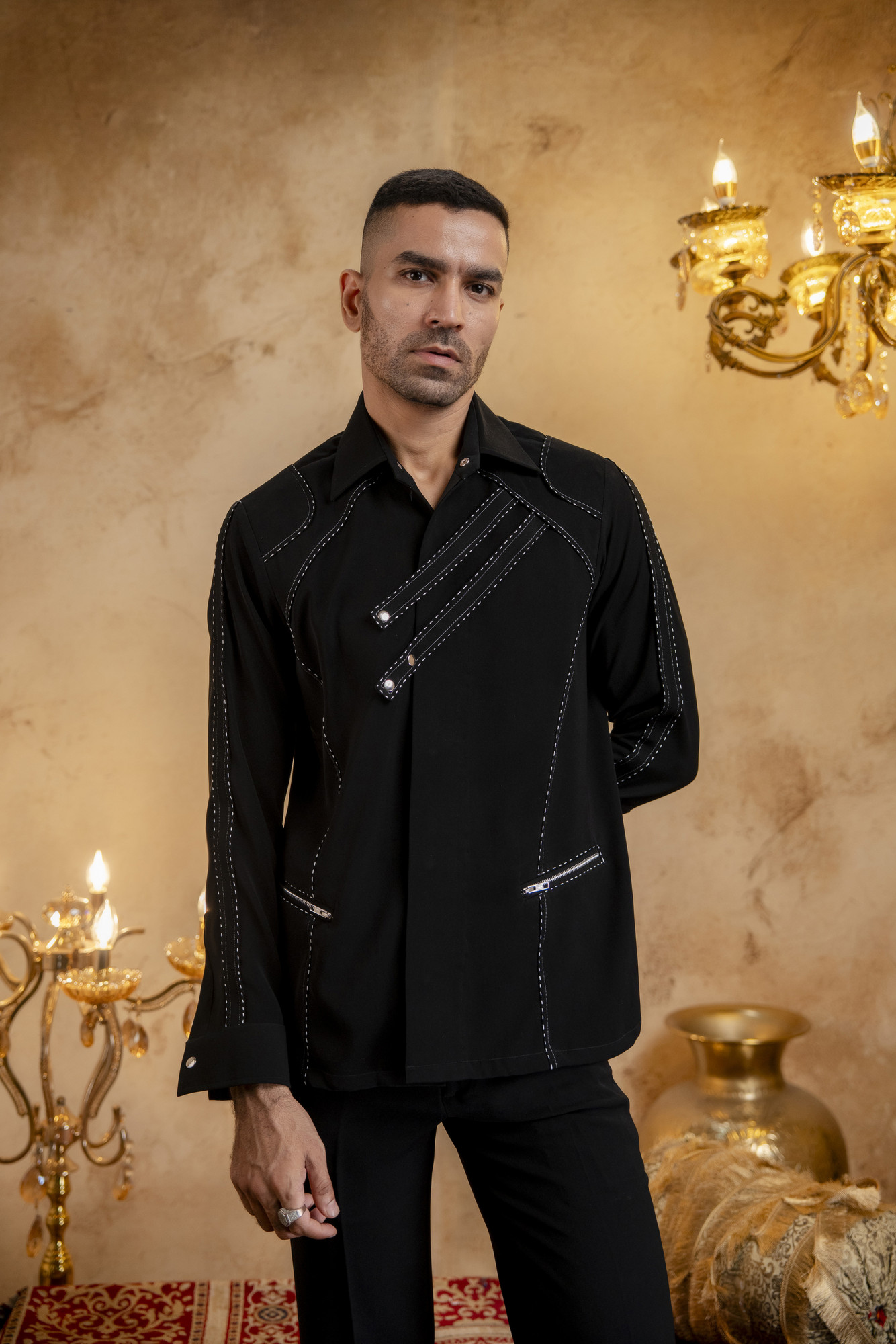 Threaded Patch Shacket In Zed Black
