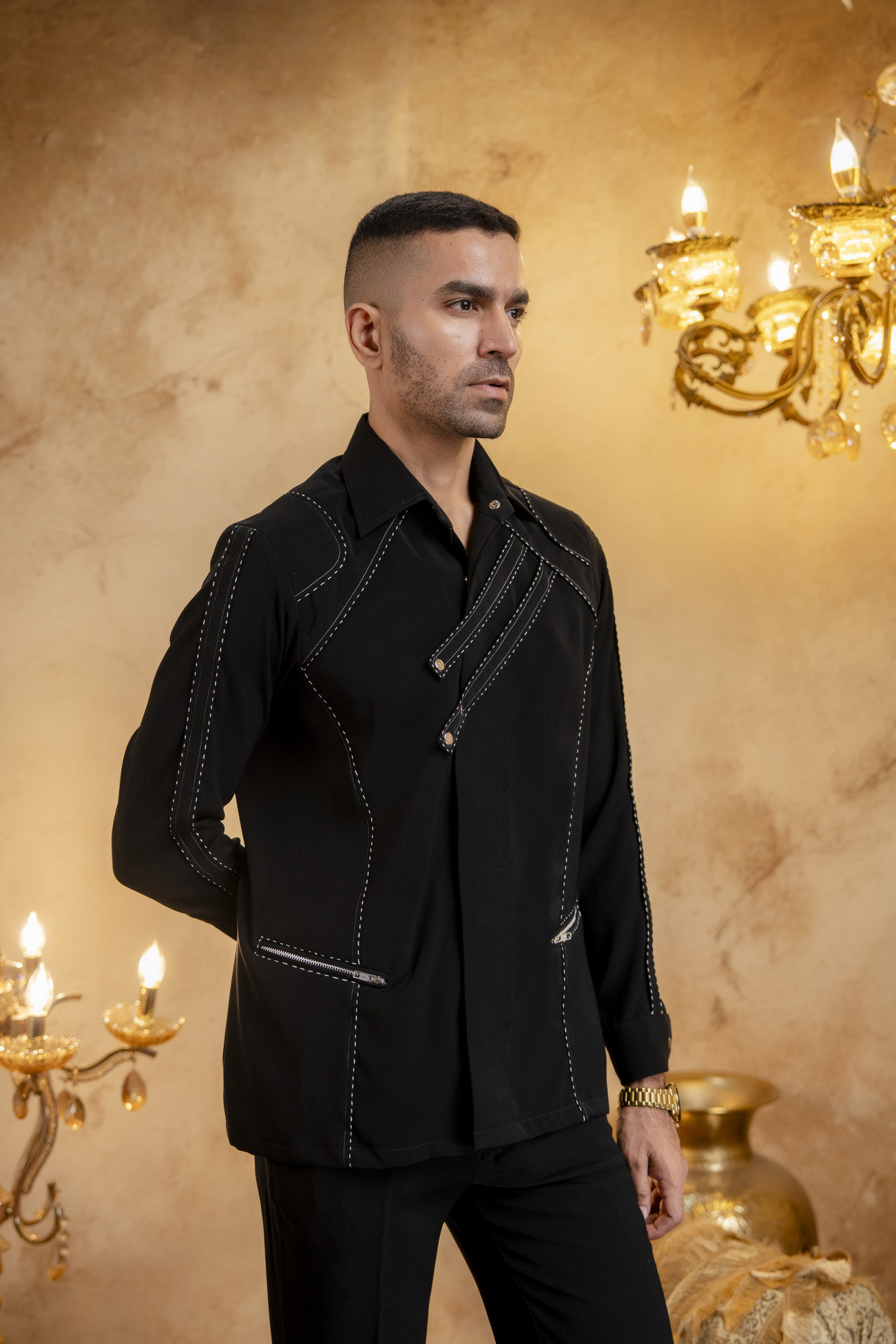 Threaded Patch Shacket In Zed Black