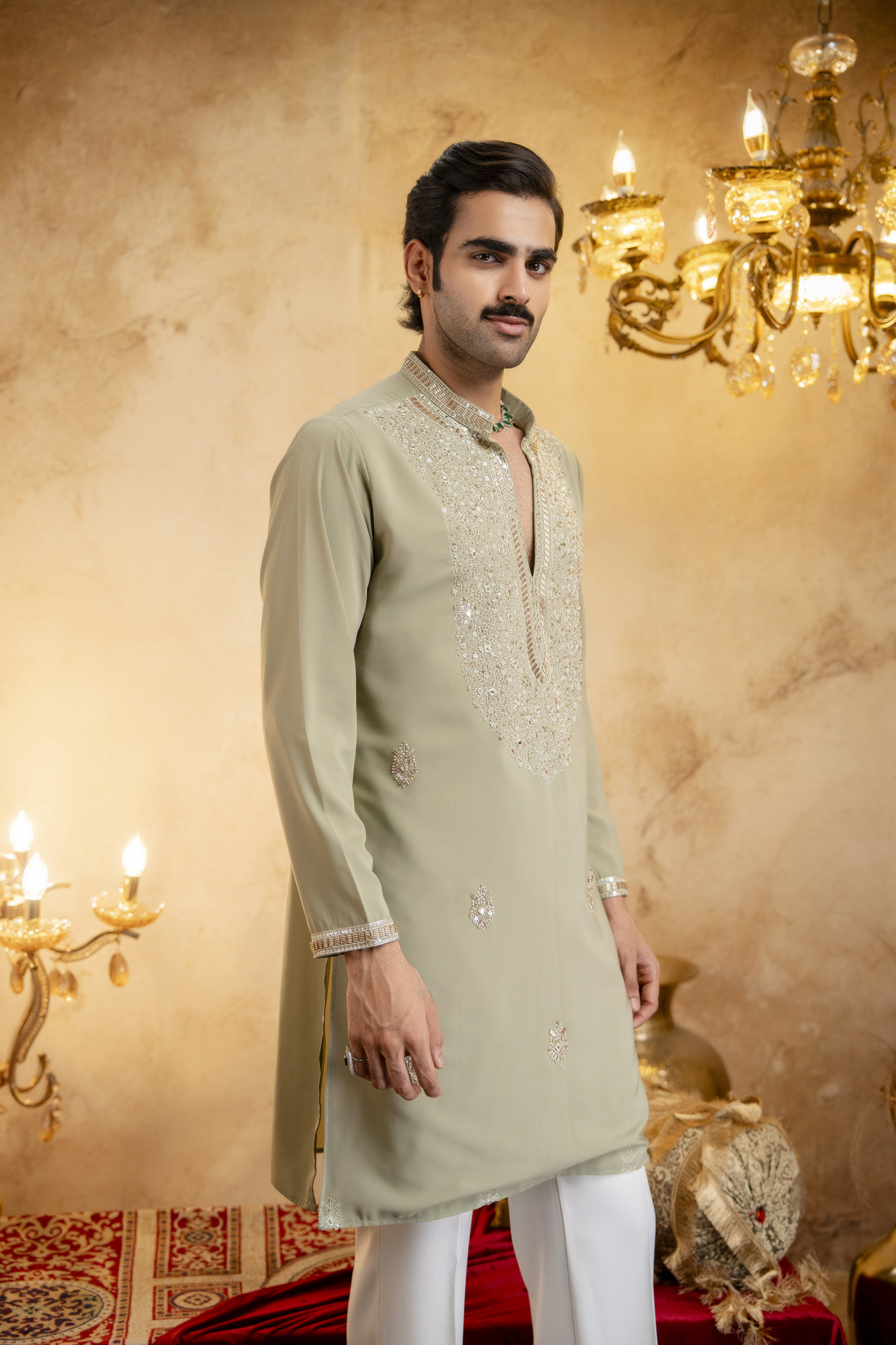 Cutdana Embroidered Kurta In Pistachio