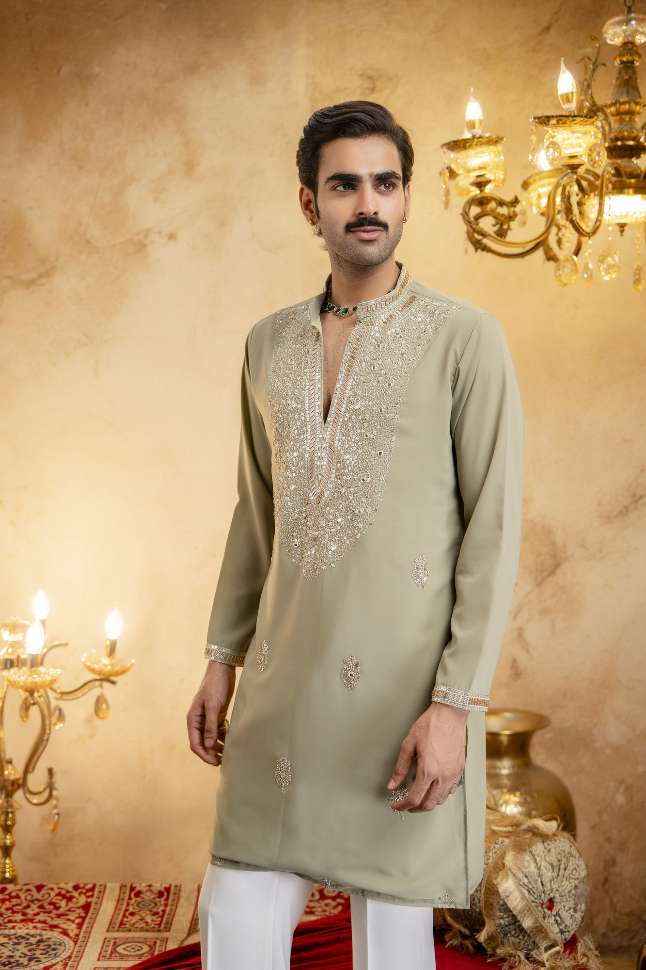 Cutdana Embroidered Kurta In Pistachio
