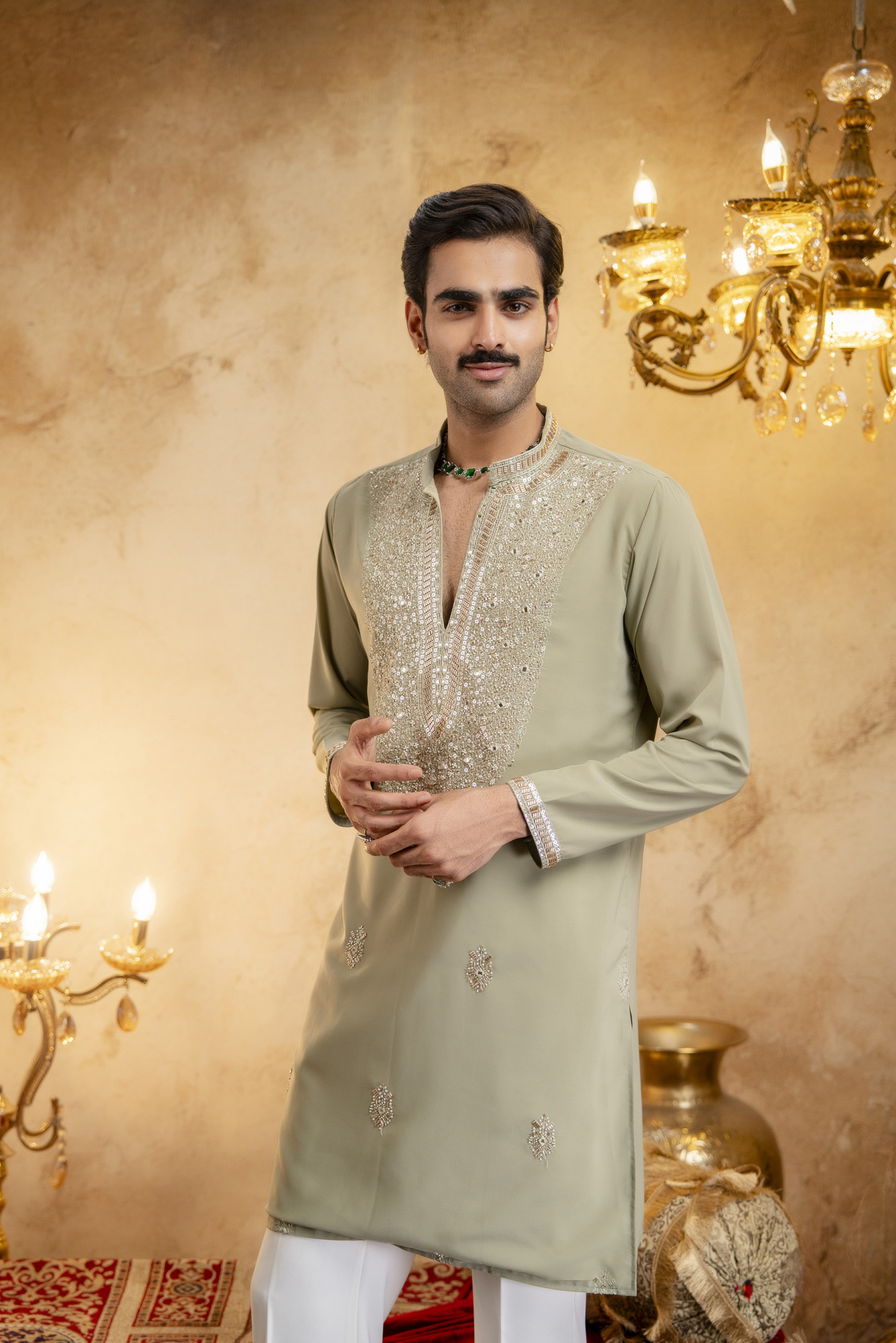 Cutdana Embroidered Kurta In Pistachio