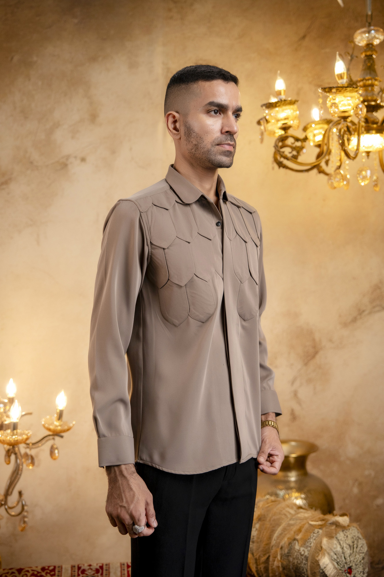 Layered Trikona Patched Shacket In Stone