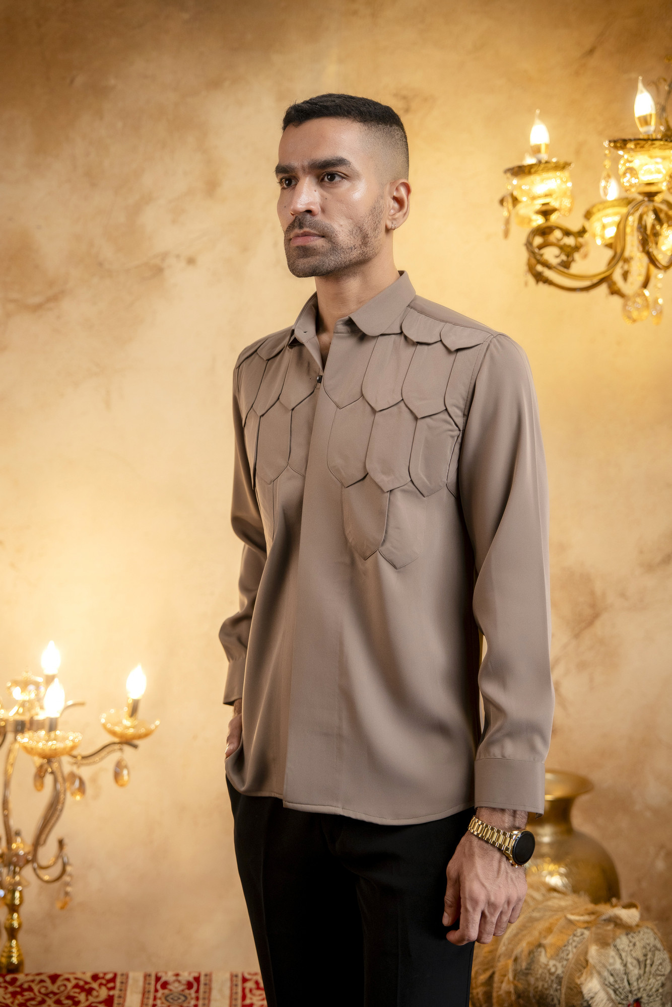 Layered Trikona Patched Shacket In Stone