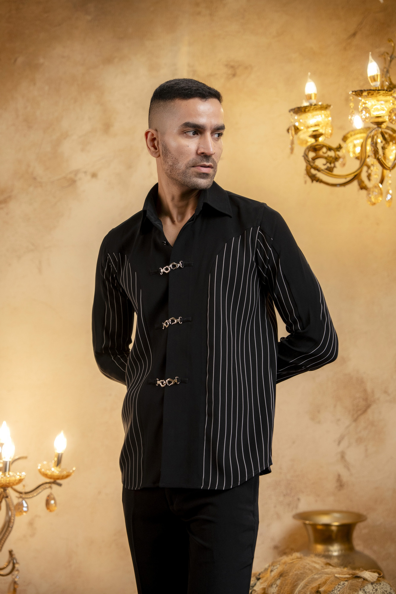 Striped Buckle Shacket In Zed Black