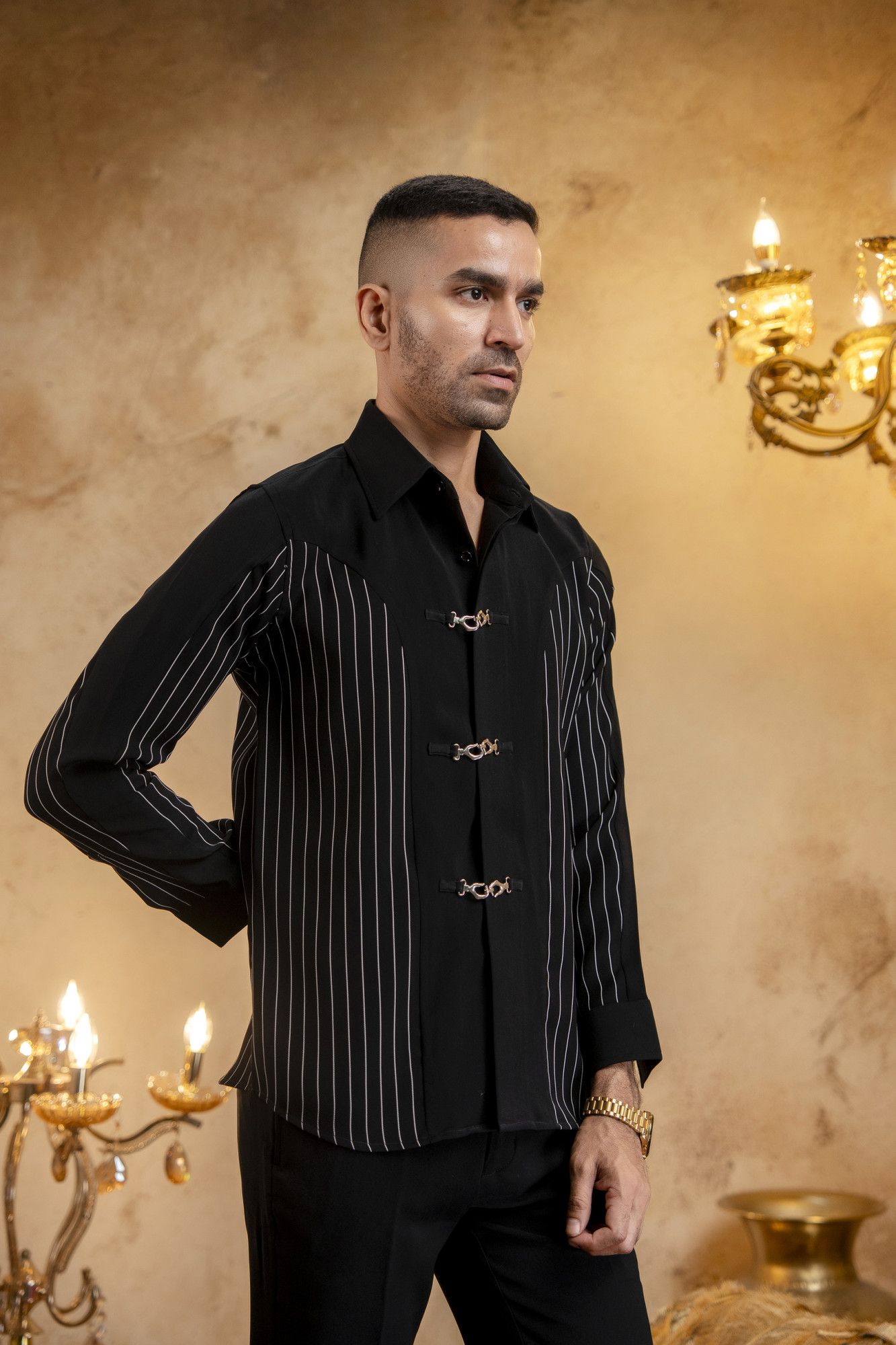 Striped Buckle Shacket In Zed Black