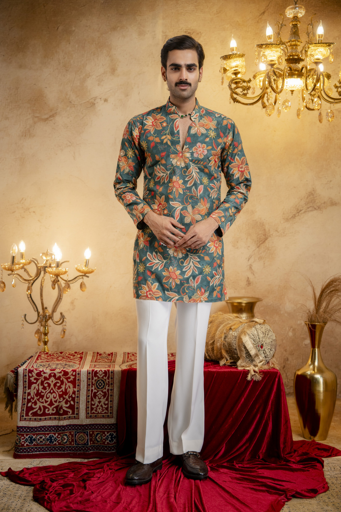 Foil Emboss Printed Kurta In Green
