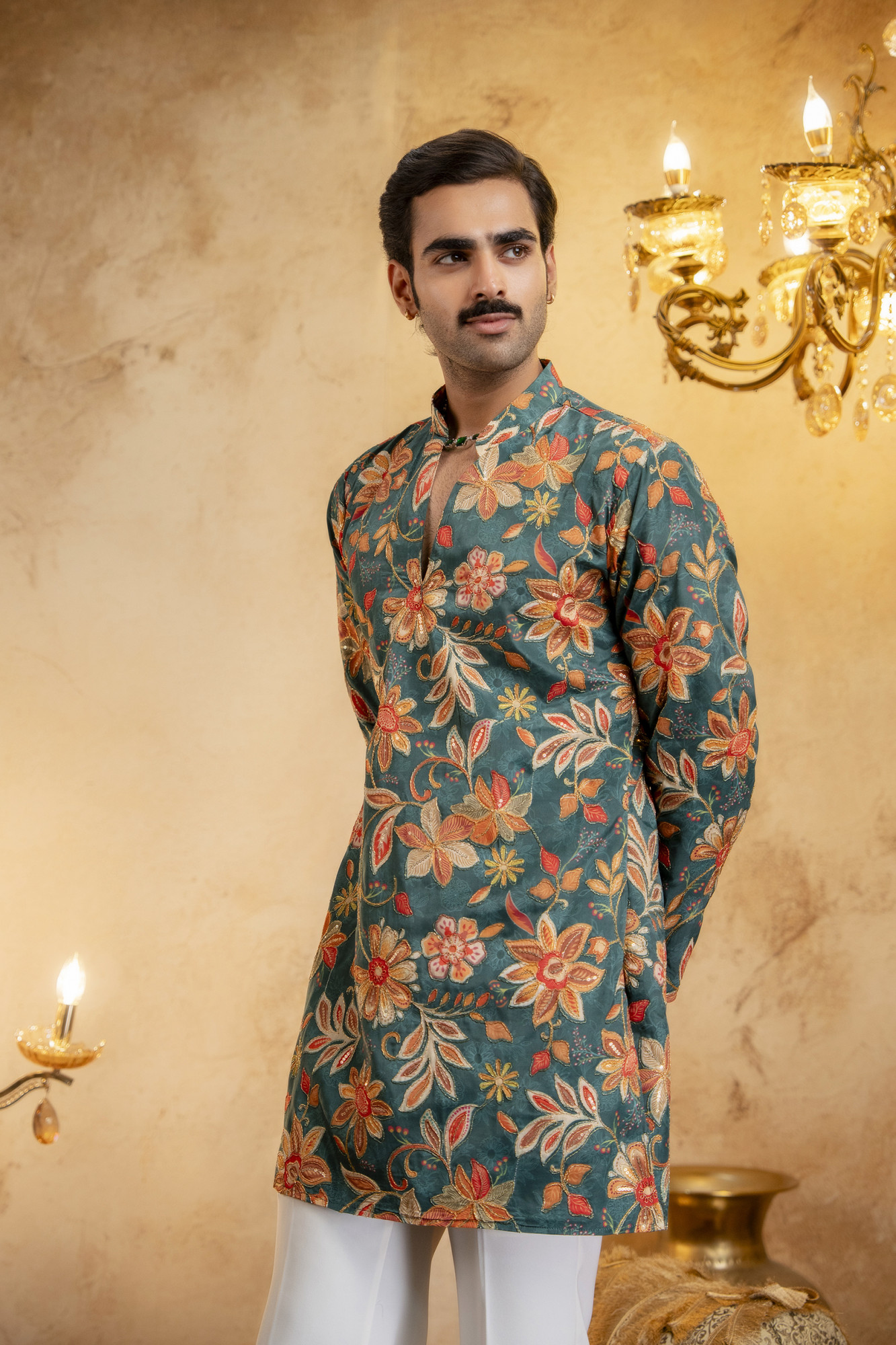 Foil Emboss Printed Kurta In Green