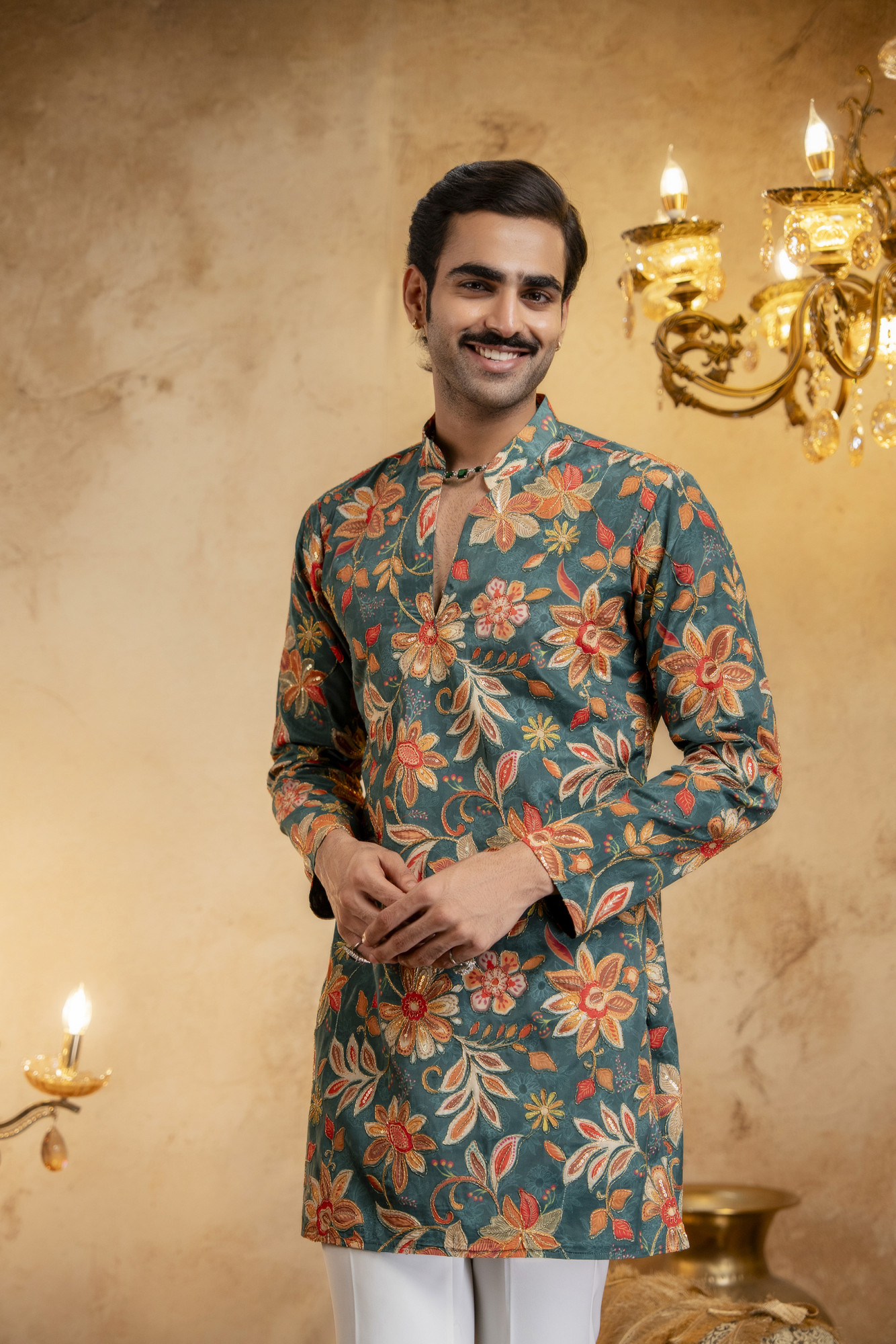 Foil Emboss Printed Kurta In Green