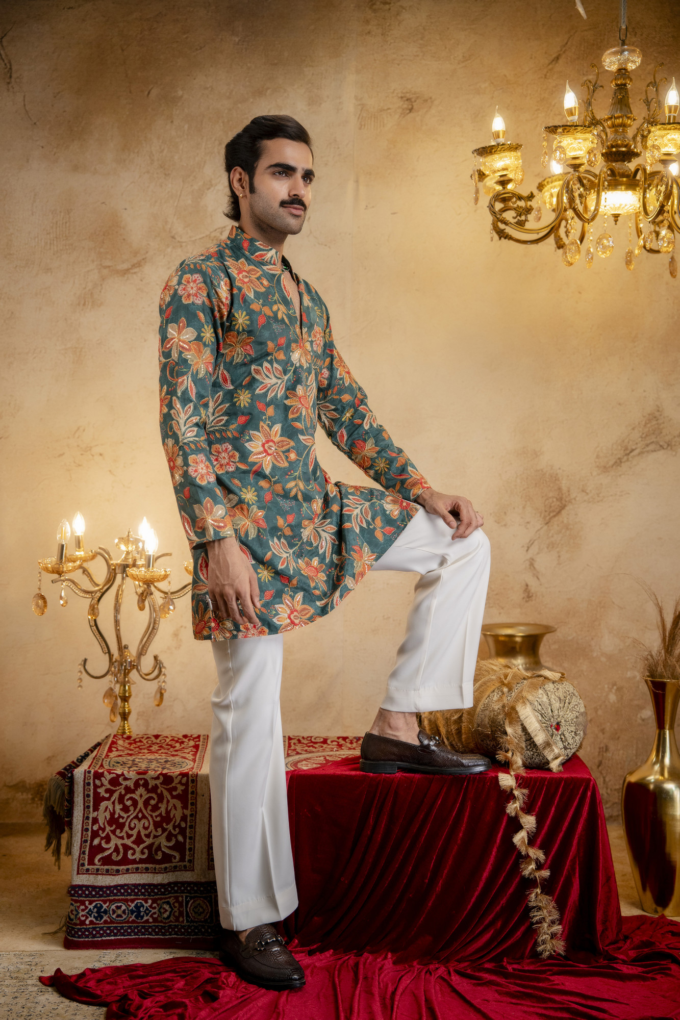 Foil Emboss Printed Kurta In Green