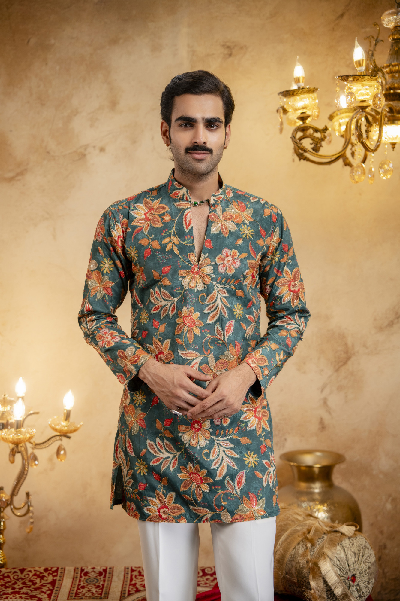 Foil Emboss Printed Kurta In Green