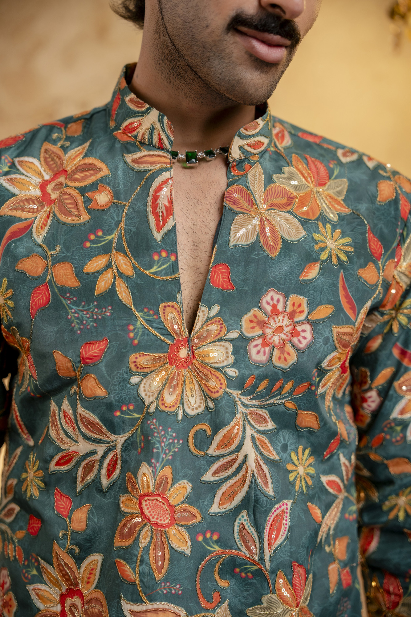 Foil Emboss Printed Kurta In Green