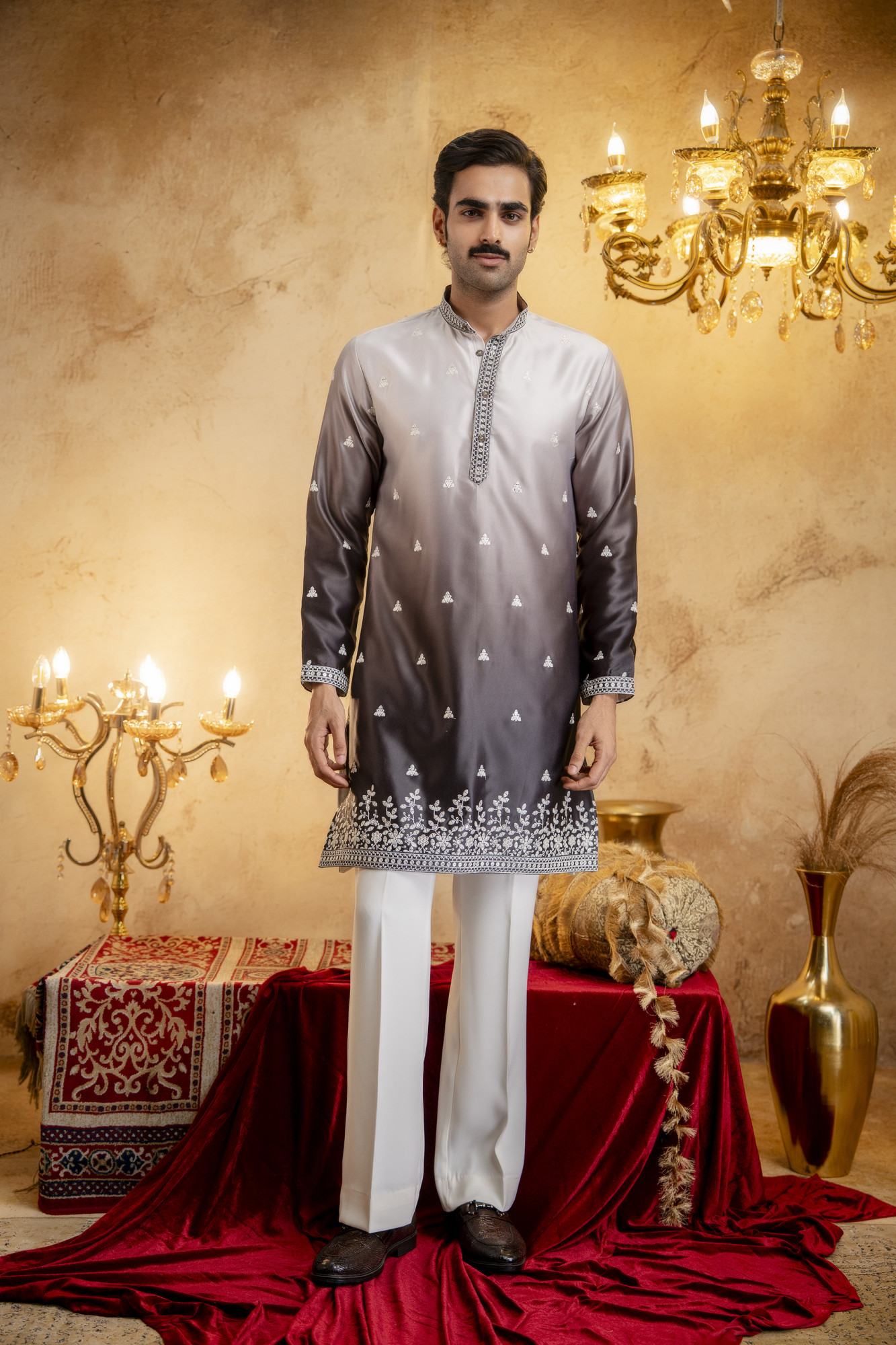 Ombre Kurta In Black  White