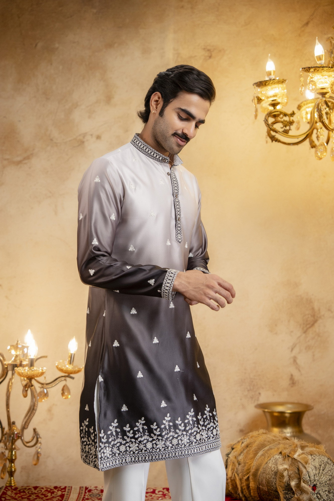 Ombre Kurta In Black  White