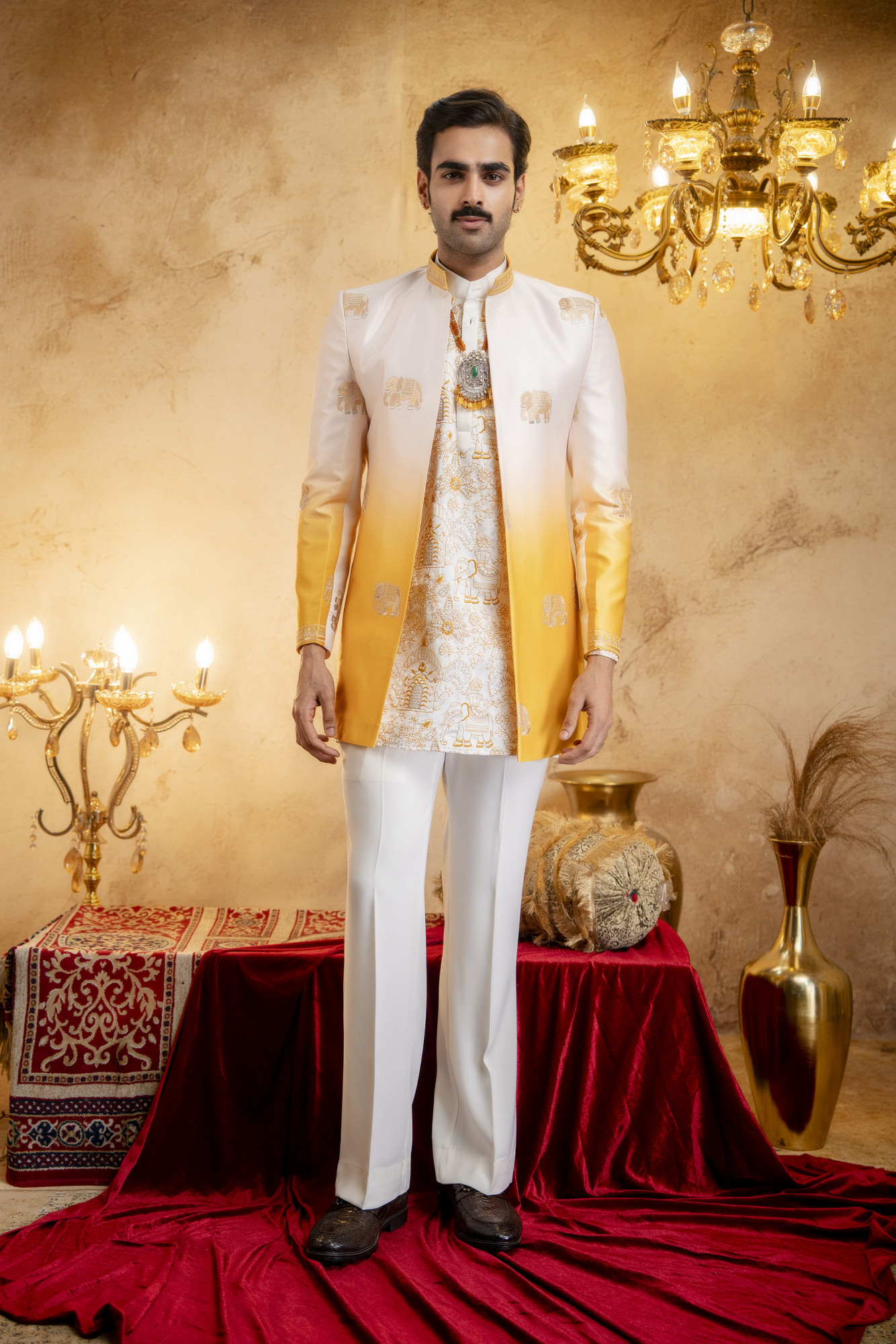 Ombre Embroidered Open Bandhgala In Yellow