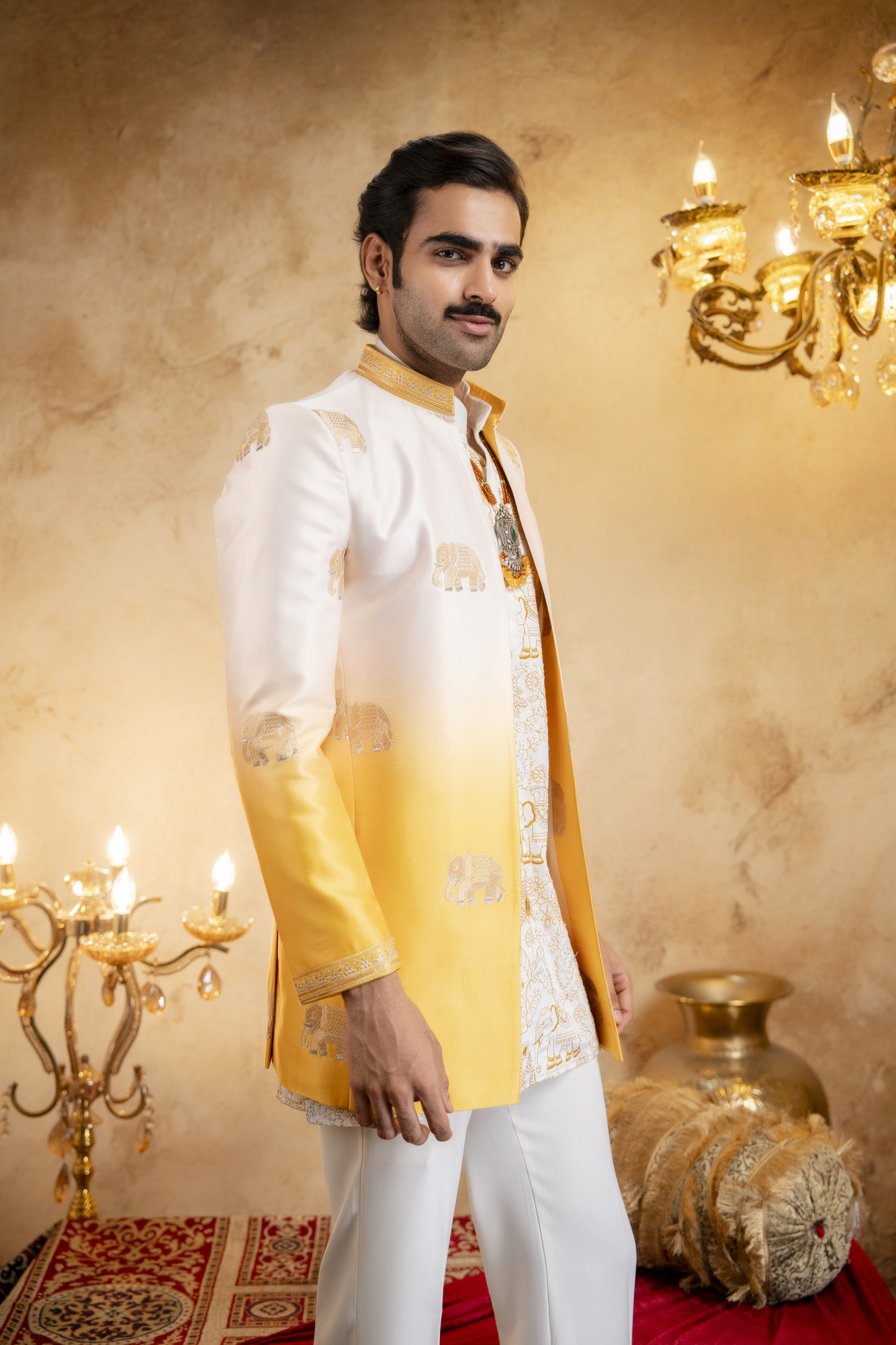 Ombre Embroidered Open Bandhgala In Yellow