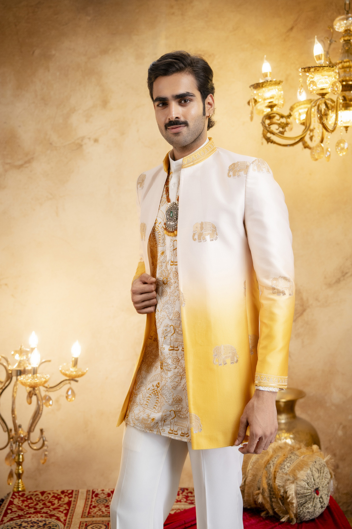 Ombre Embroidered Open Bandhgala In Yellow