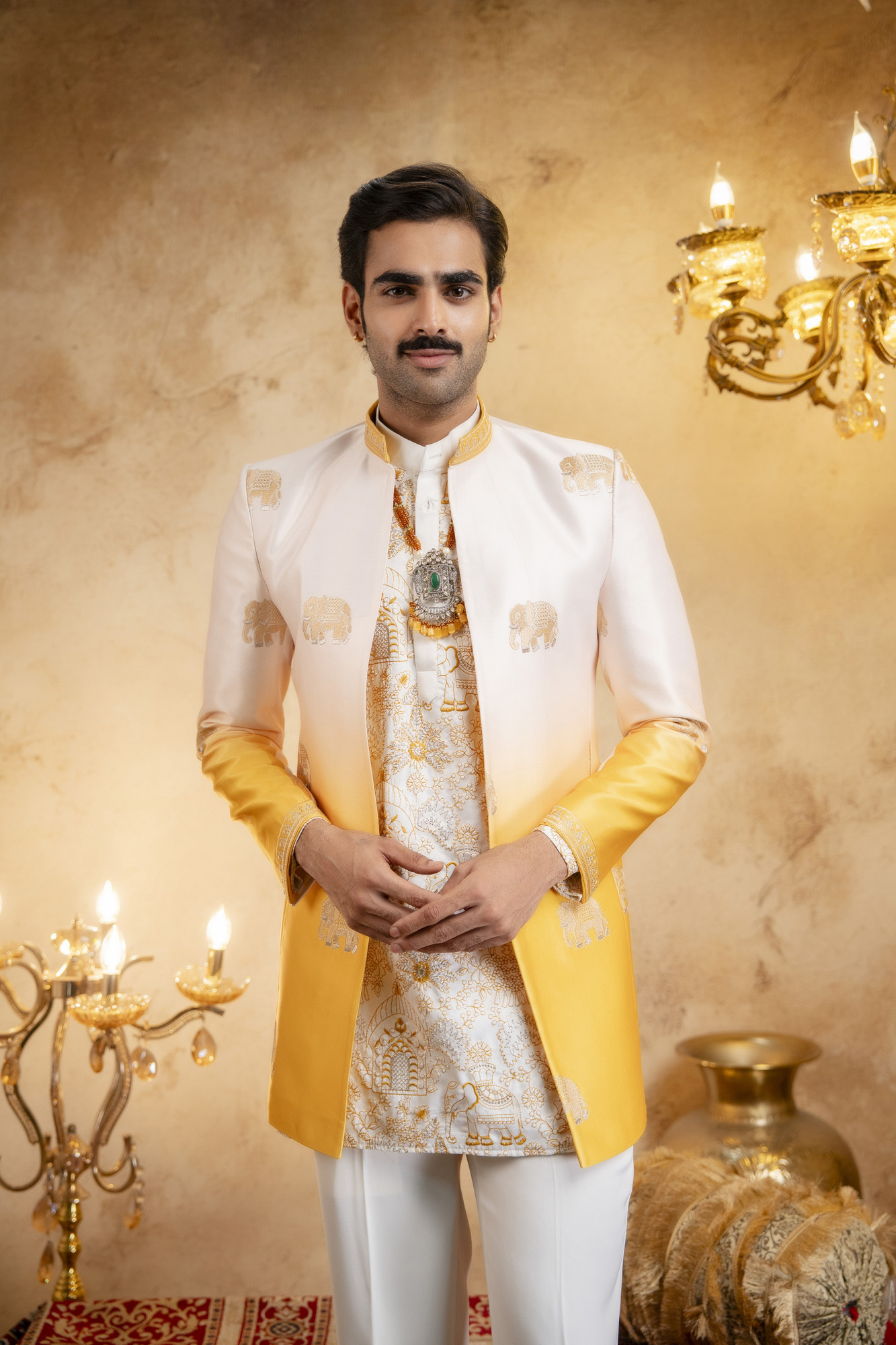 Ombre Embroidered Open Bandhgala In Yellow