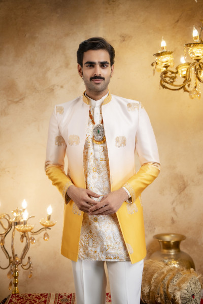 Ombre Embroidered Open Bandhgala In Yellow