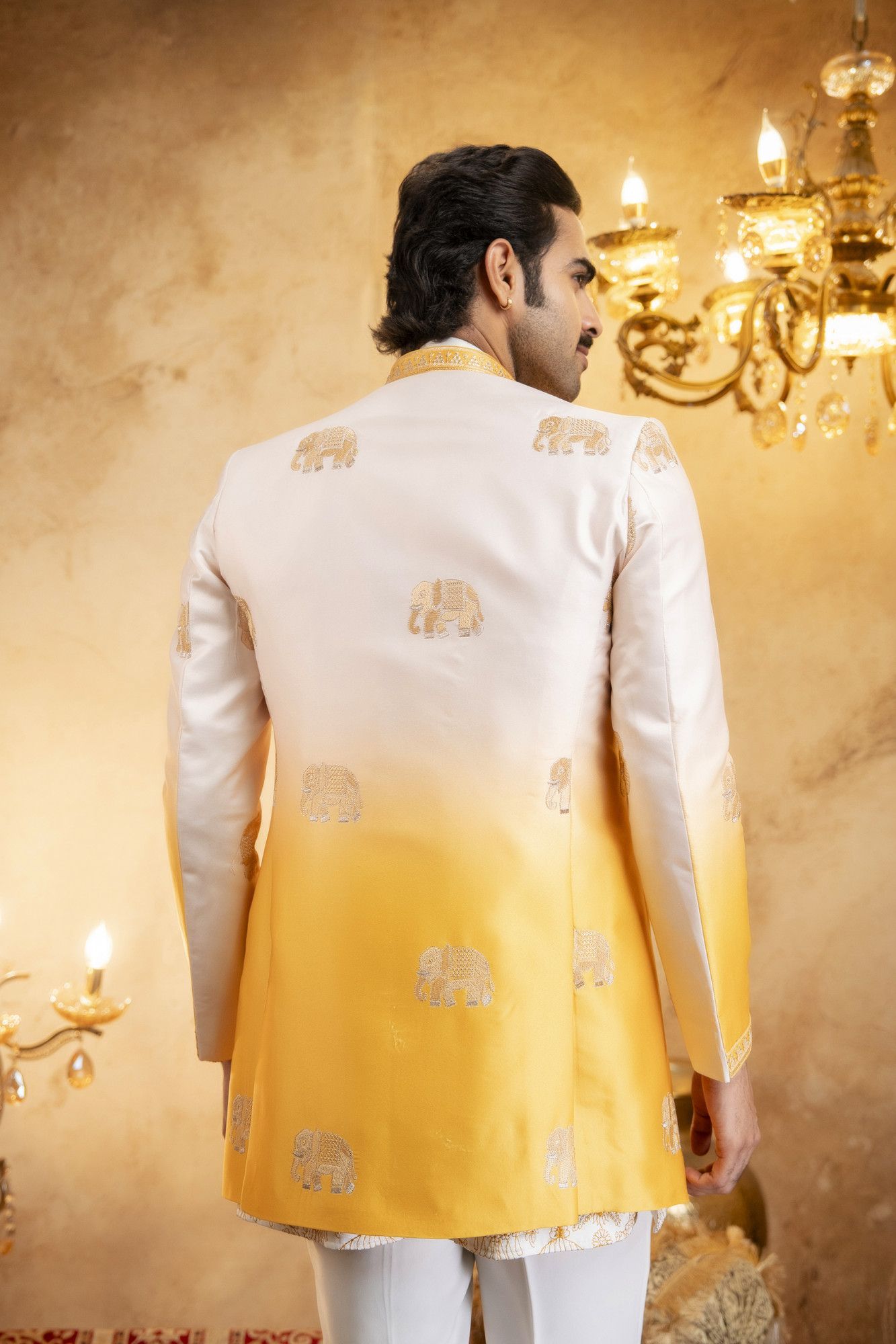 Ombre Embroidered Open Bandhgala In Yellow