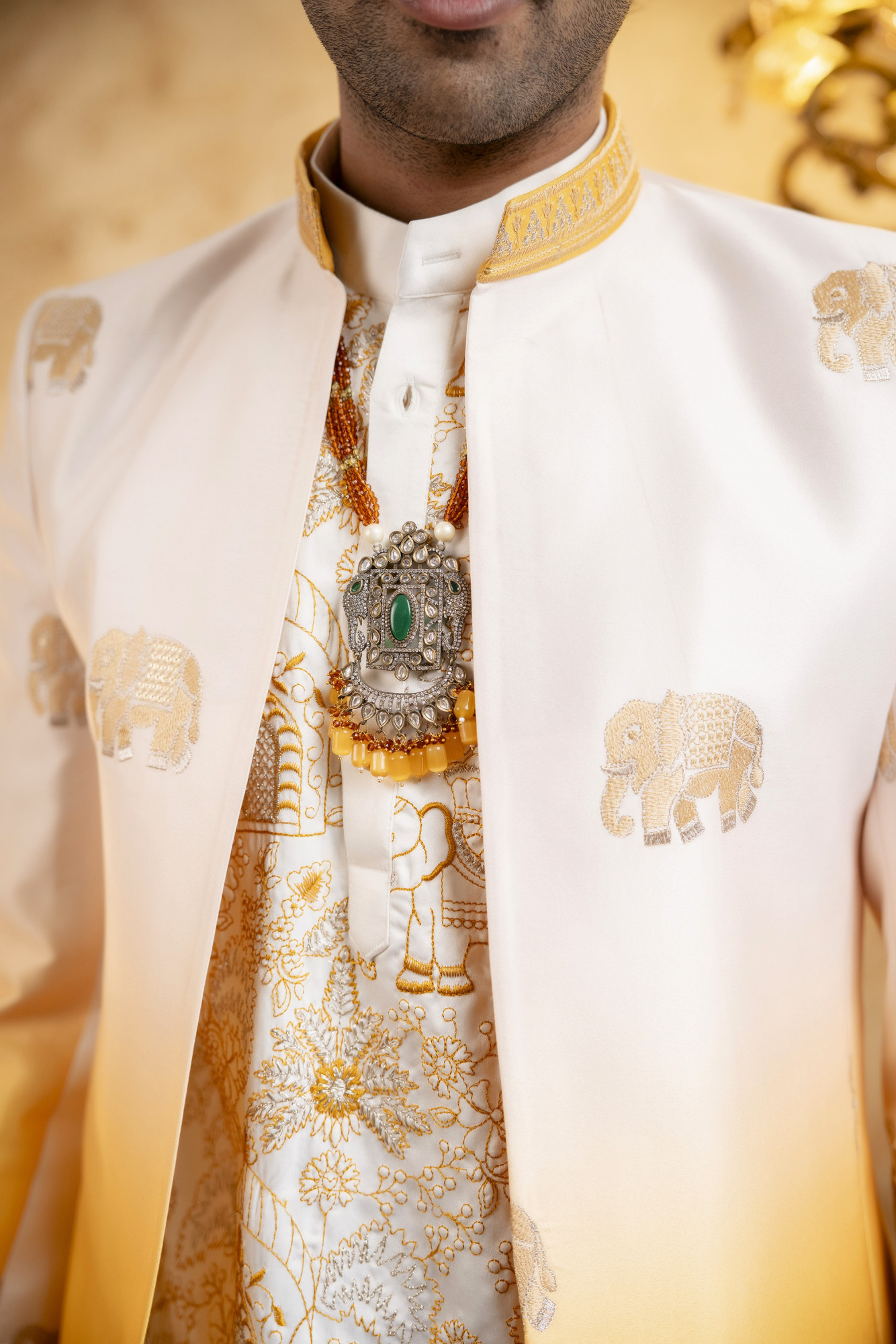Ombre Embroidered Open Bandhgala In Yellow