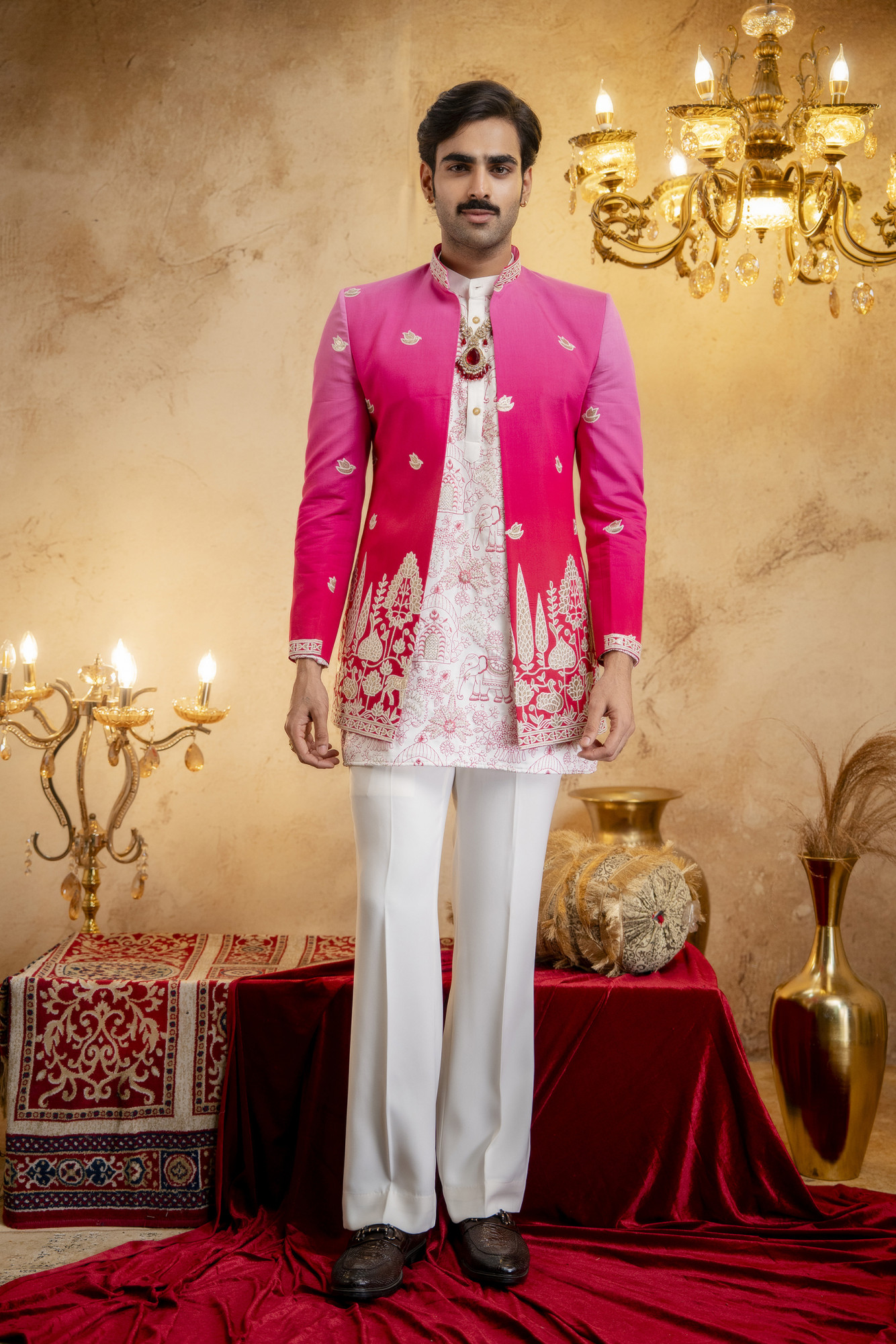 Ombre Embroidered Open Bandhgala In Pink
