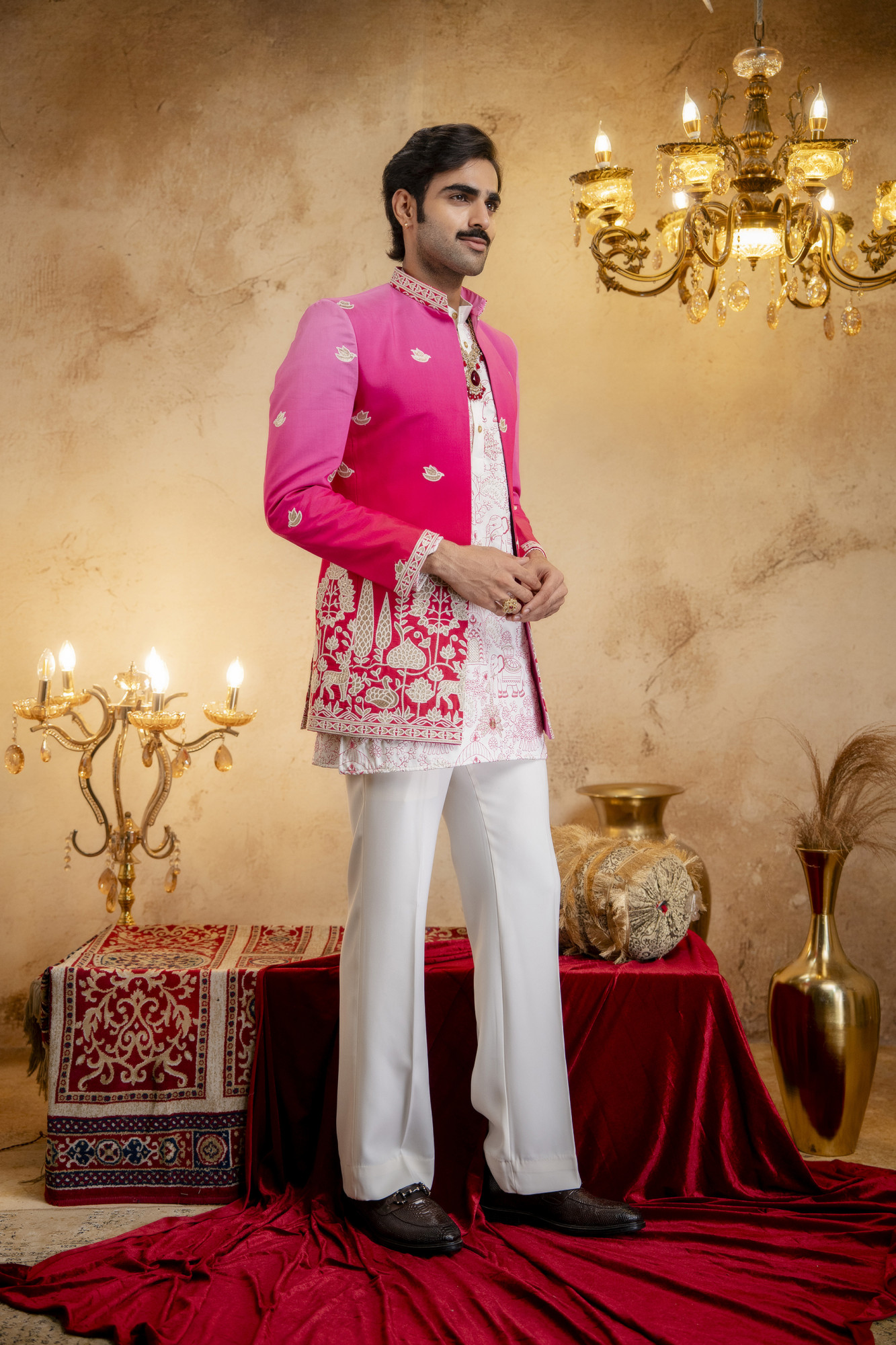 Ombre Embroidered Open Bandhgala In Pink