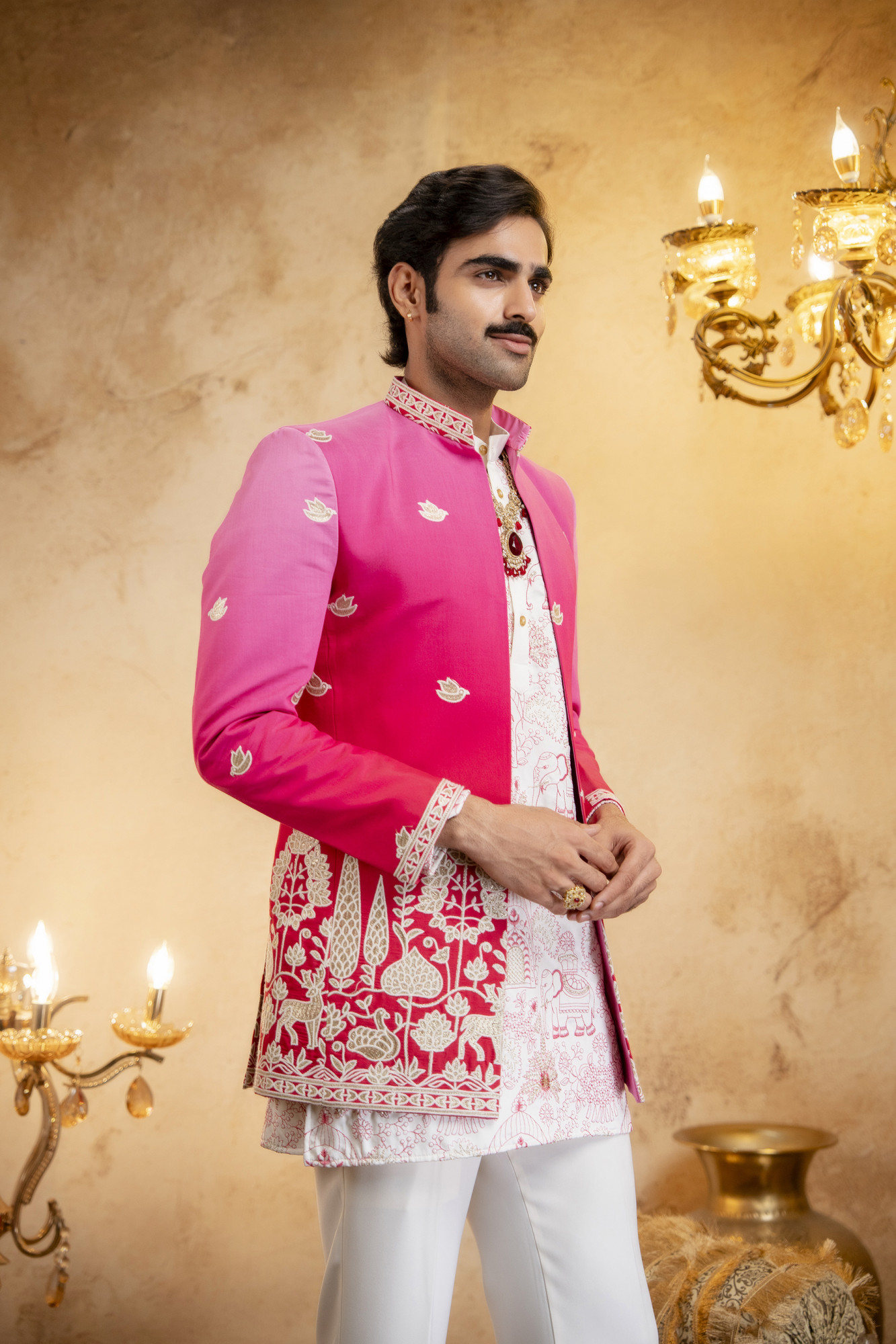 Ombre Embroidered Open Bandhgala In Pink