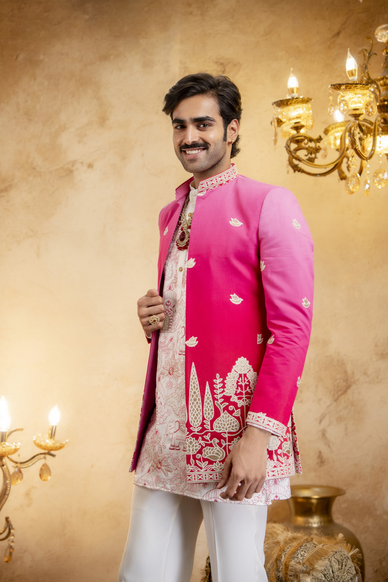 Ombre Embroidered Open Bandhgala In Pink