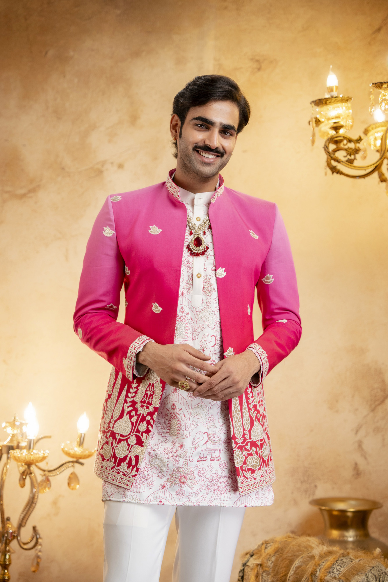 Ombre Embroidered Open Bandhgala In Pink