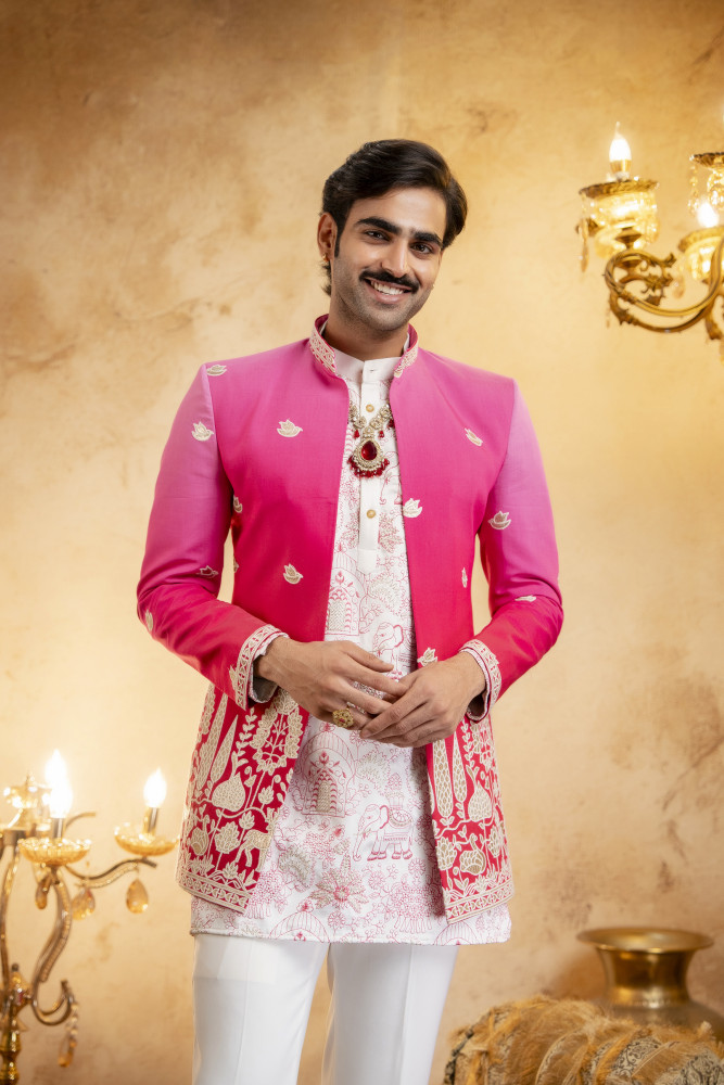 Image of Ombre Embroidered Open Bandhgala In Pink