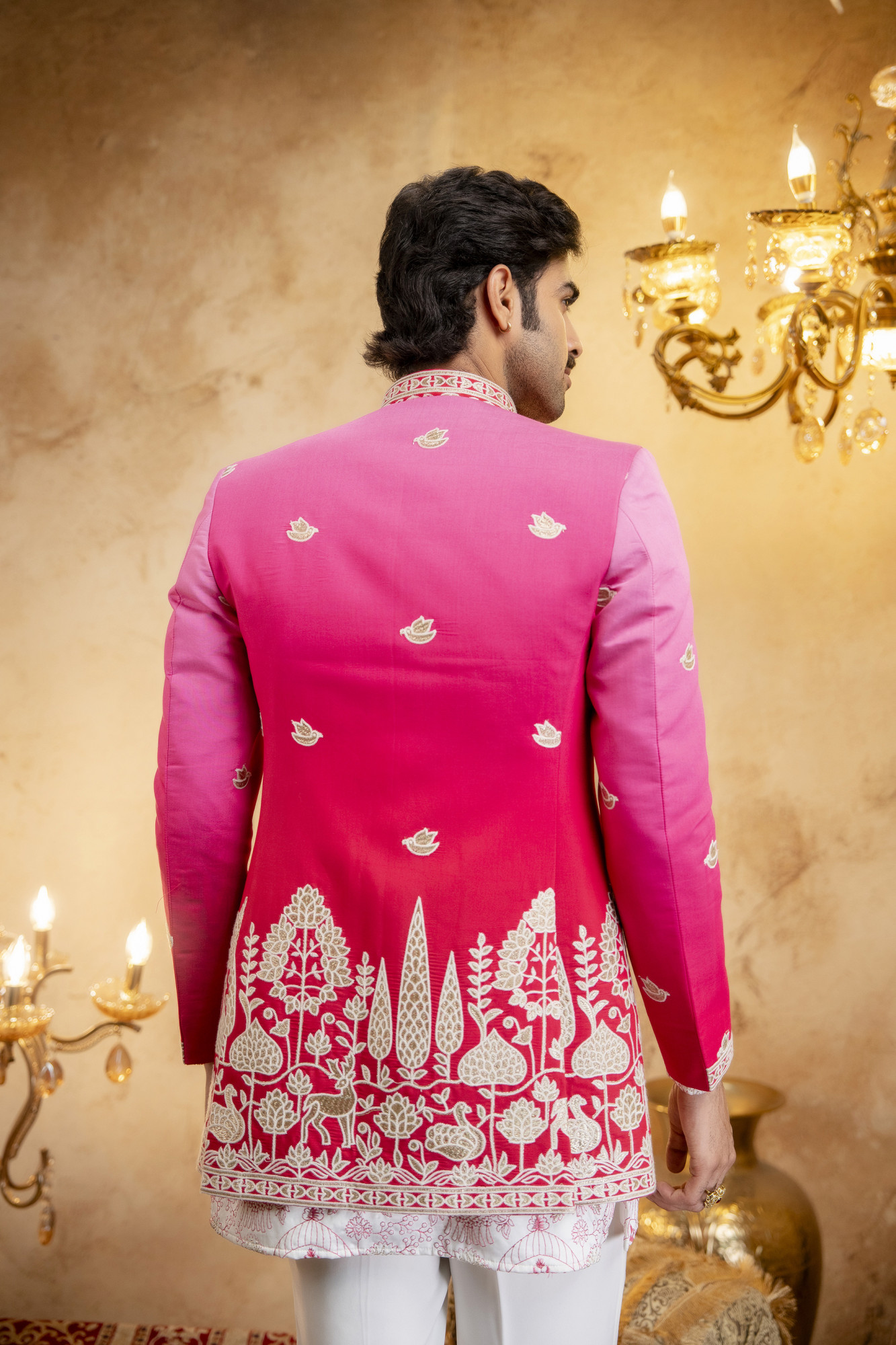 Ombre Embroidered Open Bandhgala In Pink