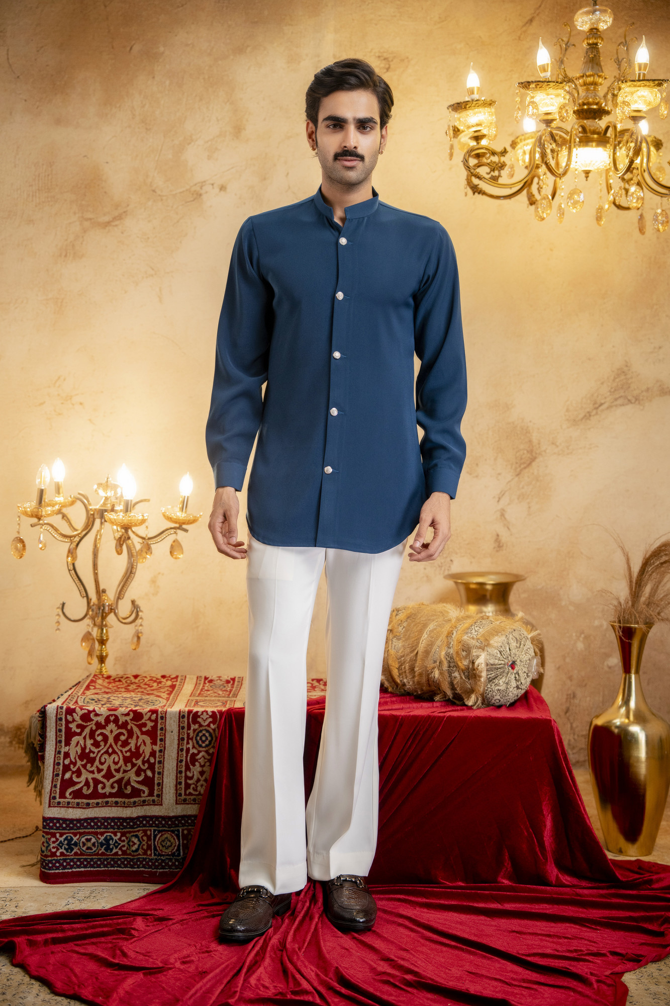 Royal Button Up Short Kurta In Teal