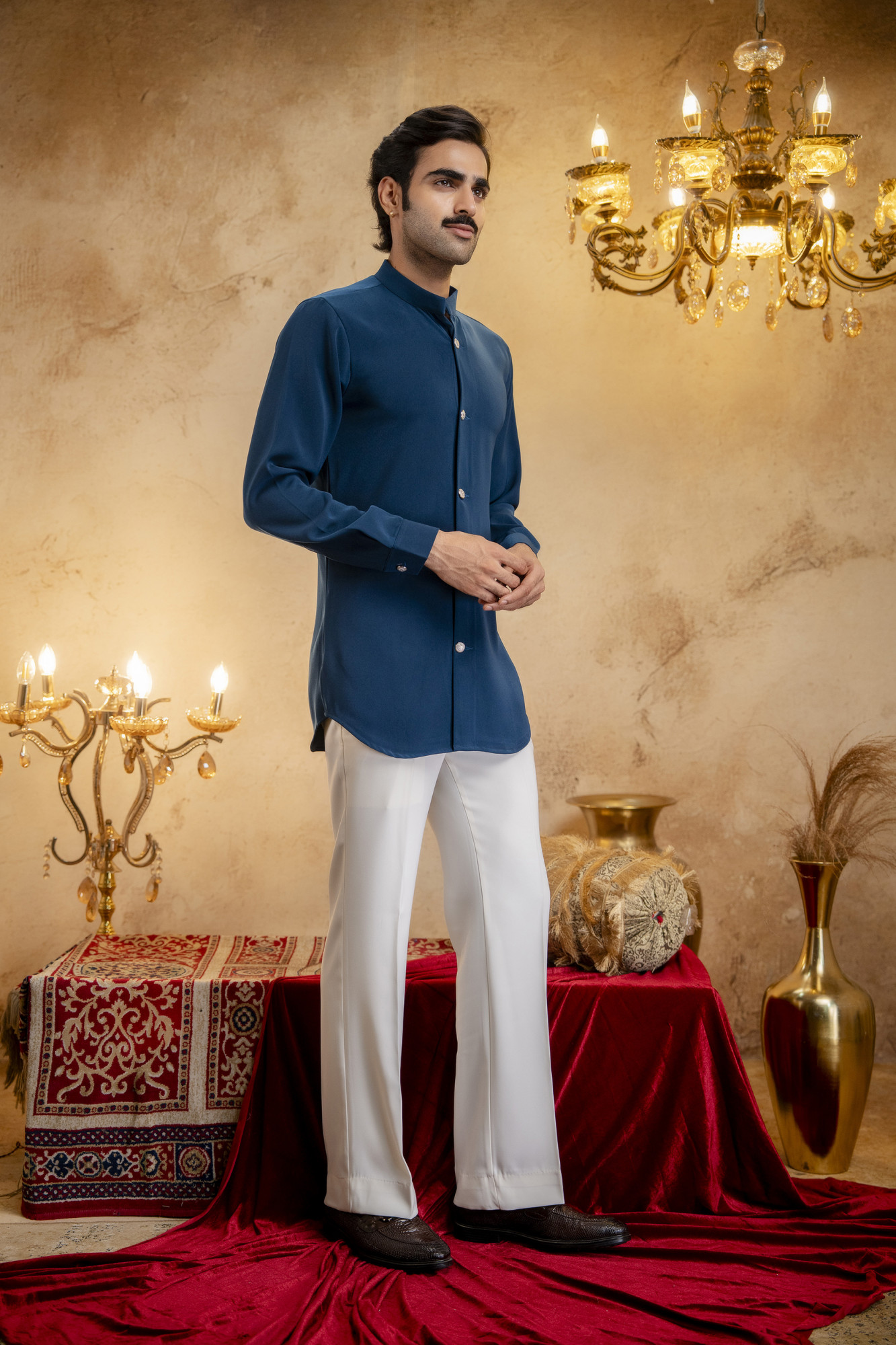 Royal Button Up Short Kurta In Teal
