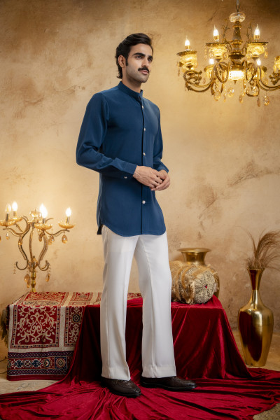 Royal Button Up Short Kurta In Teal