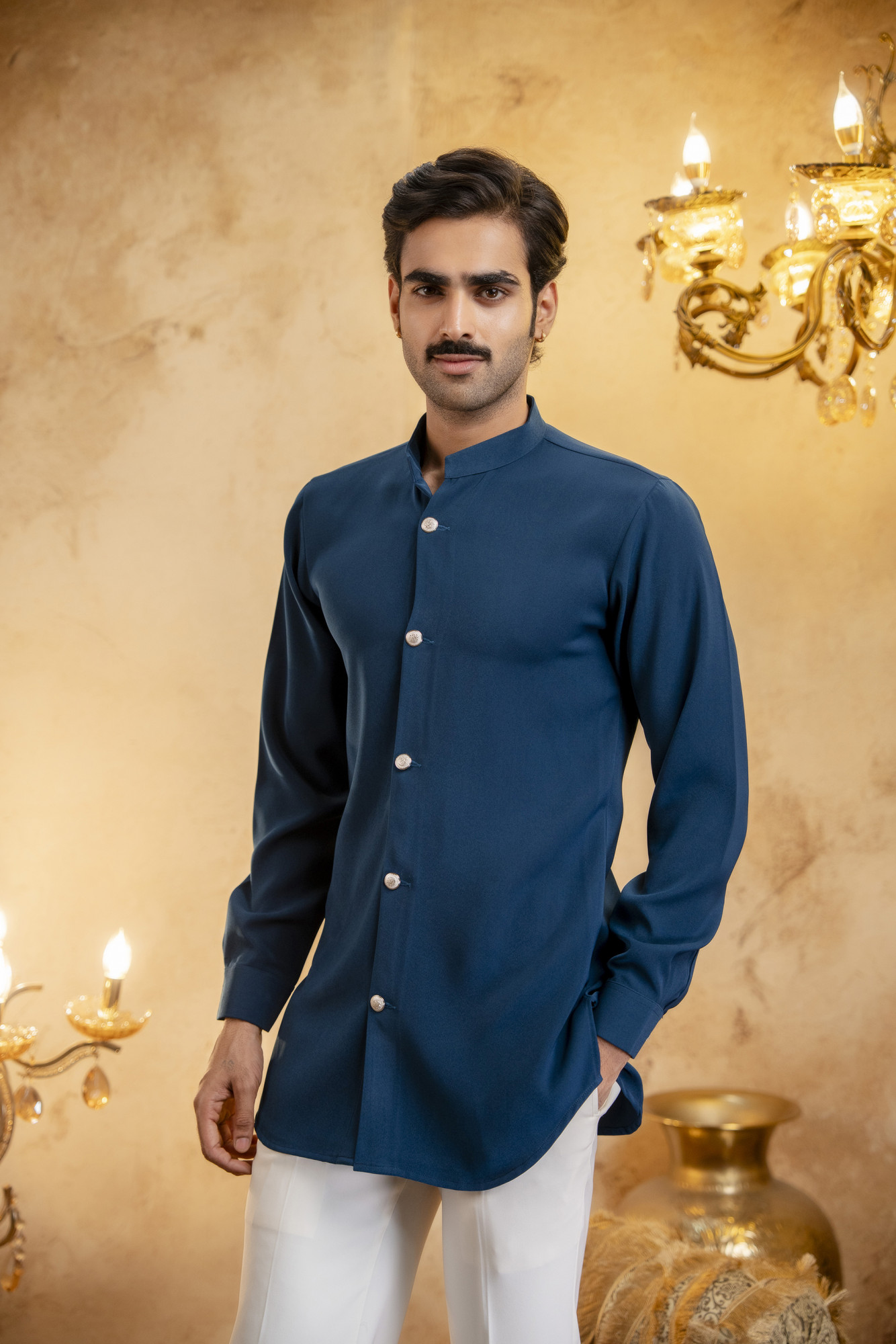 Royal Button Up Short Kurta In Teal