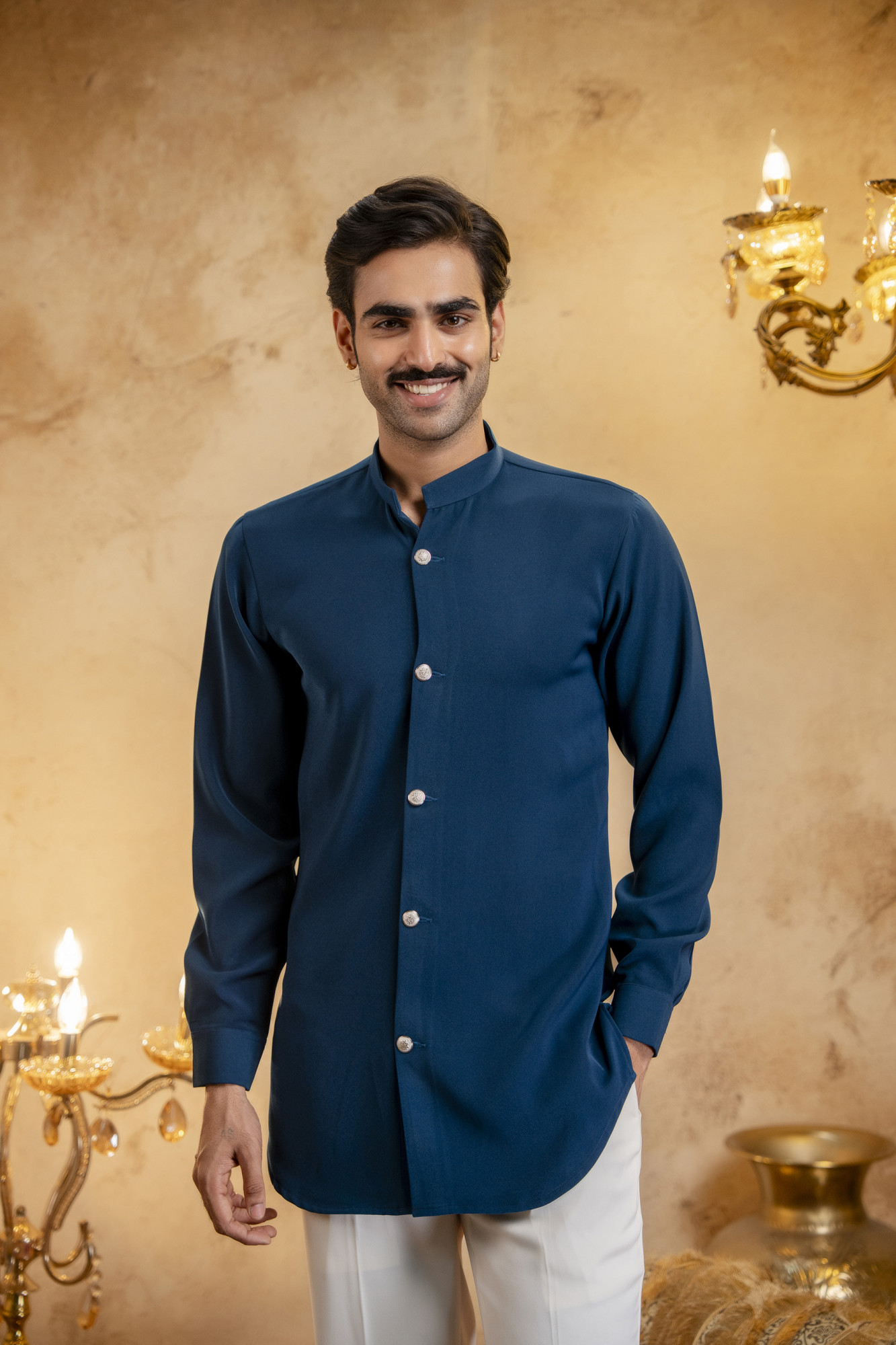 Royal Button Up Short Kurta In Teal