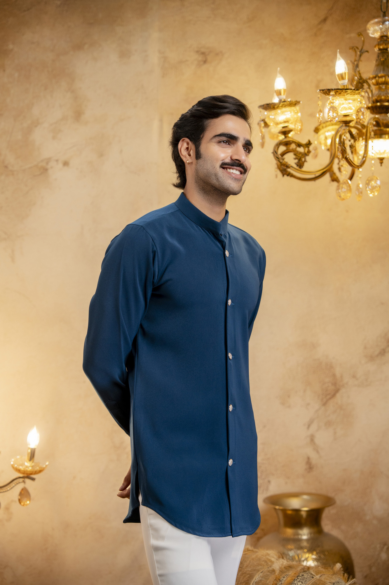 Royal Button Up Short Kurta In Teal
