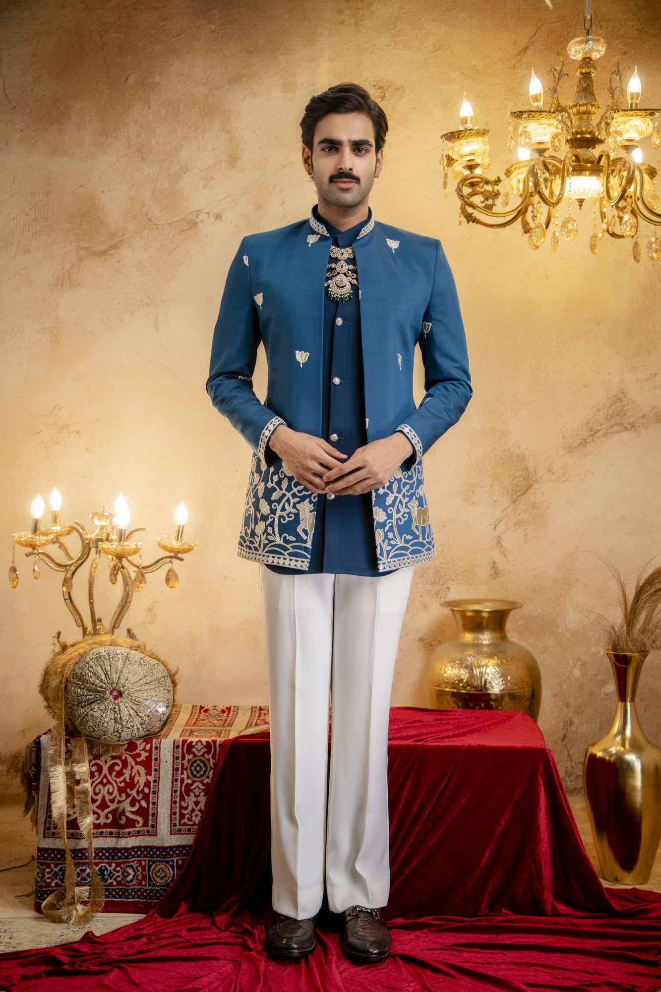Foil Embroidered Open Bandhgala In Teal Blue