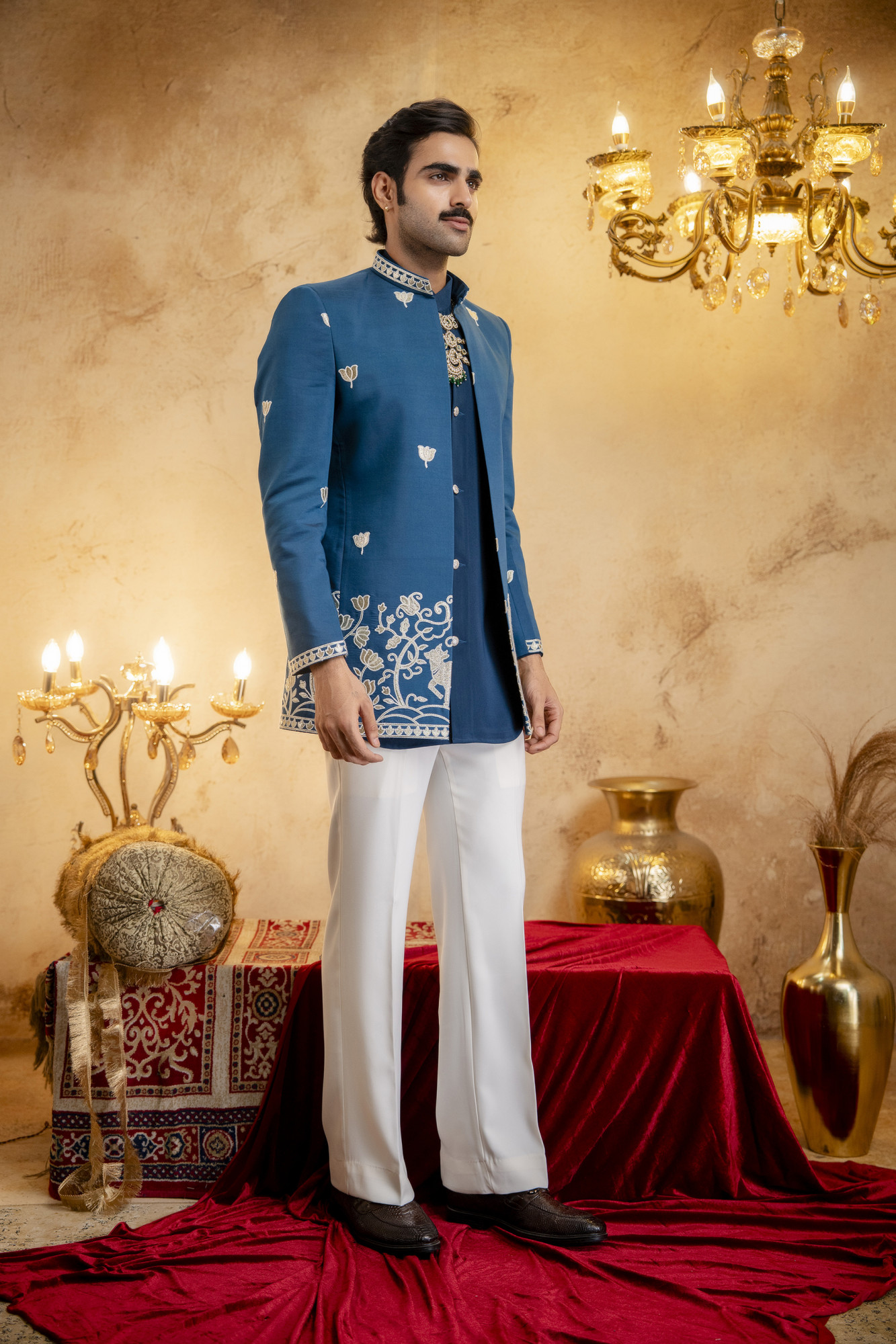 Foil Embroidered Open Bandhgala In Teal Blue