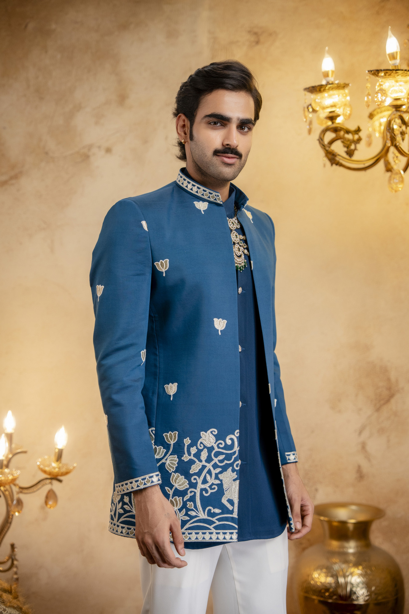 Foil Embroidered Open Bandhgala In Teal Blue
