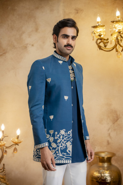 Foil Embroidered Open Bandhgala In Teal Blue