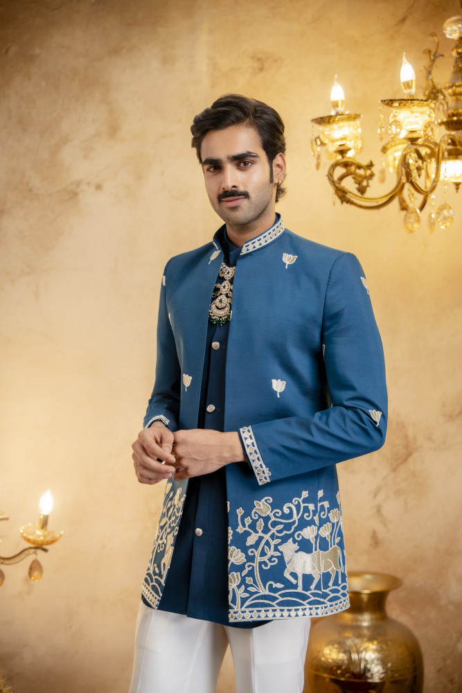 Image of Foil Embroidered Open Bandhgala In Teal Blue