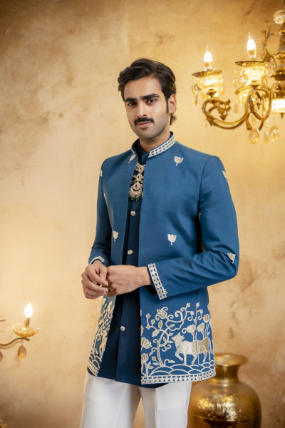 Foil Embroidered Open Bandhgala In Teal Blue